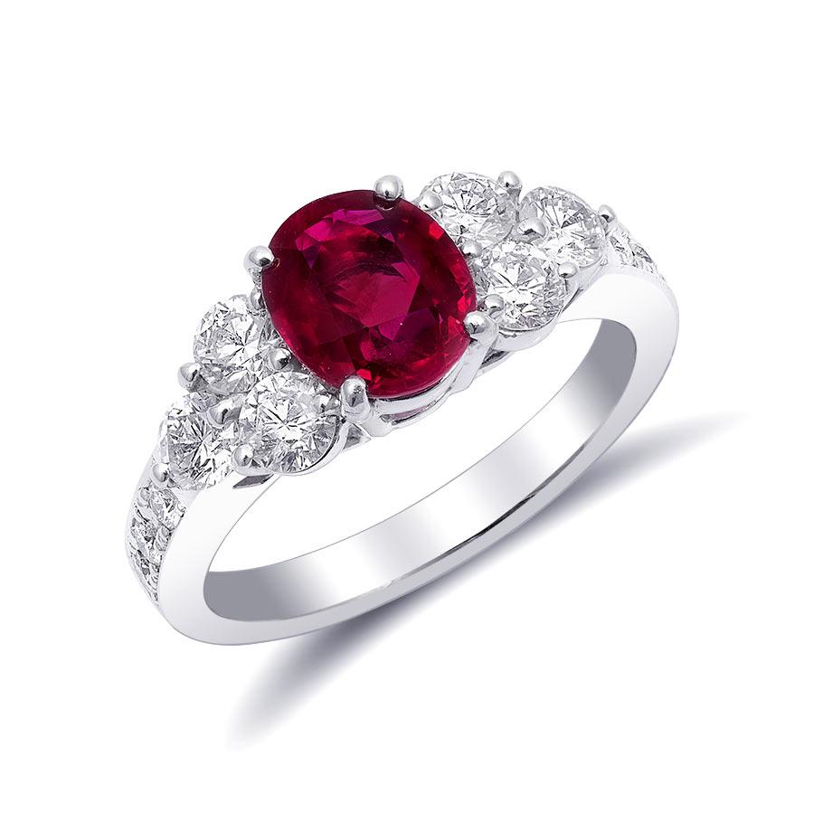 Mixed Cut Natural Red Ruby Gemstone 1.34 cts in Platinum Ring with Diamonds / GIA Report