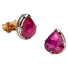 Natural Red Ruby Pear Shaped Earring Studs 14k White Gold