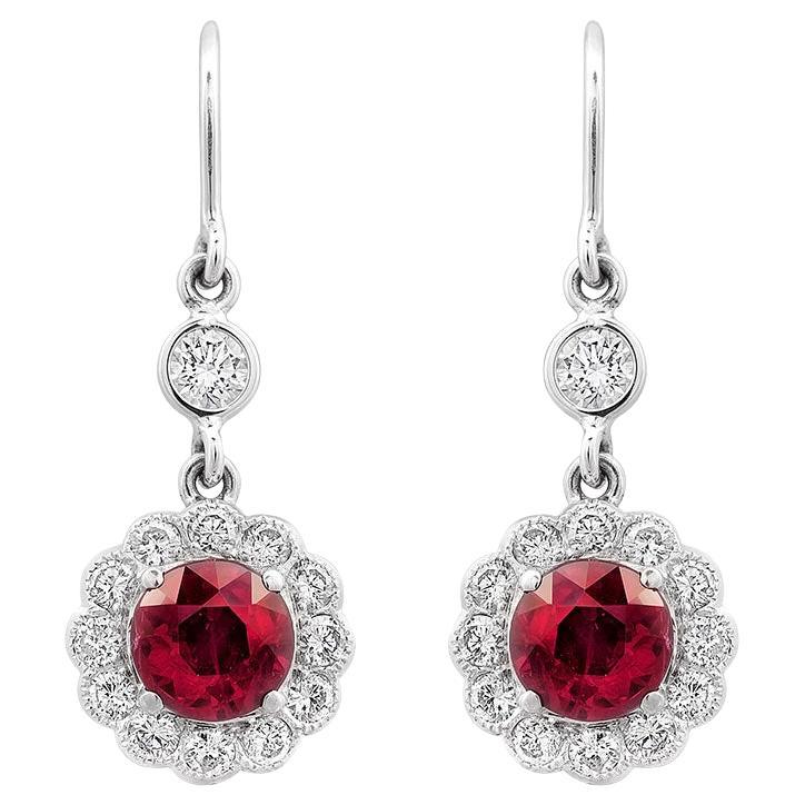 Natural Red Ruby Stone 1.94 cts in 18KWG Earrings with Diamonds with GIT Report