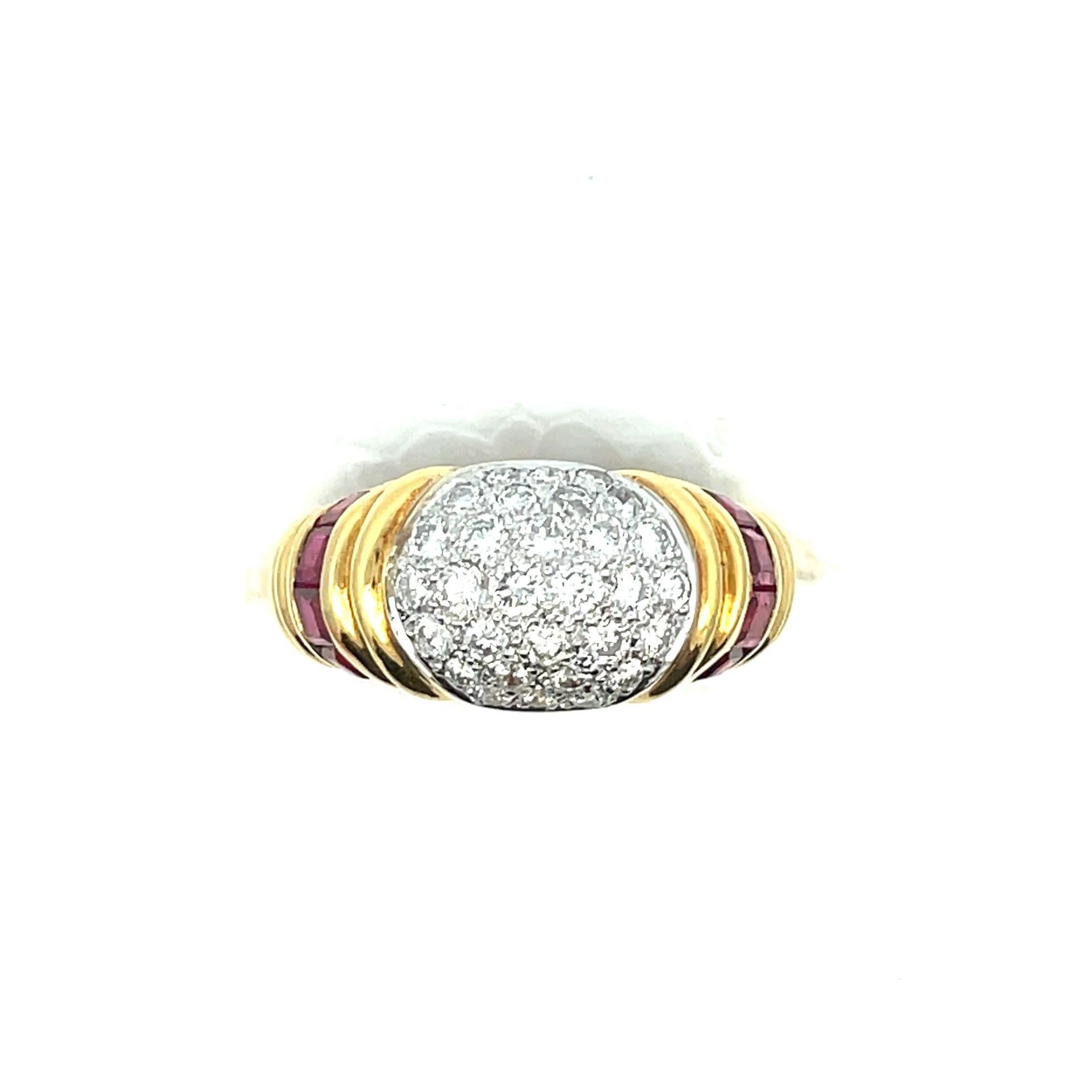Contemporary Natural Red Ruby & white Diamond Pave Dome Ring in 18 Karat Yellow Gold For Sale