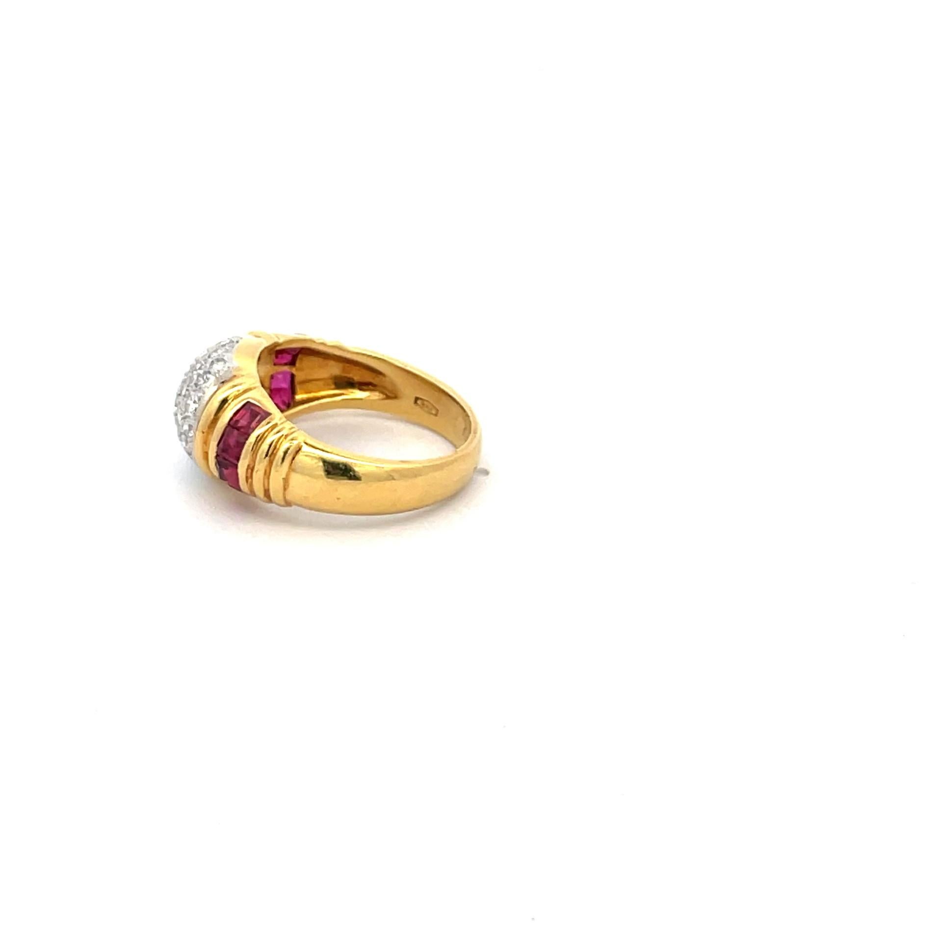 Princess Cut Natural Red Ruby & white Diamond Pave Dome Ring in 18 Karat Yellow Gold For Sale