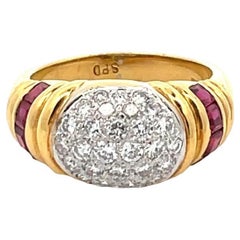 Natural Red Ruby & white Diamond Pave Dome Ring in 18 Karat Yellow Gold