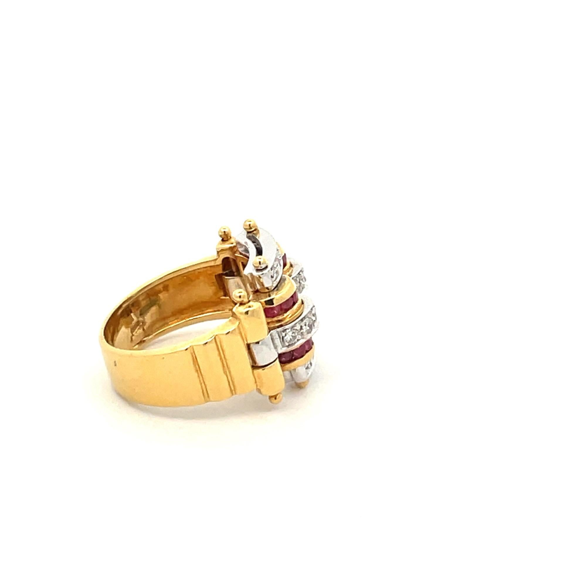 Women's Natural Red Ruby & White Diamond  Scroll Ring in 18Kt yellow Gold  For Sale