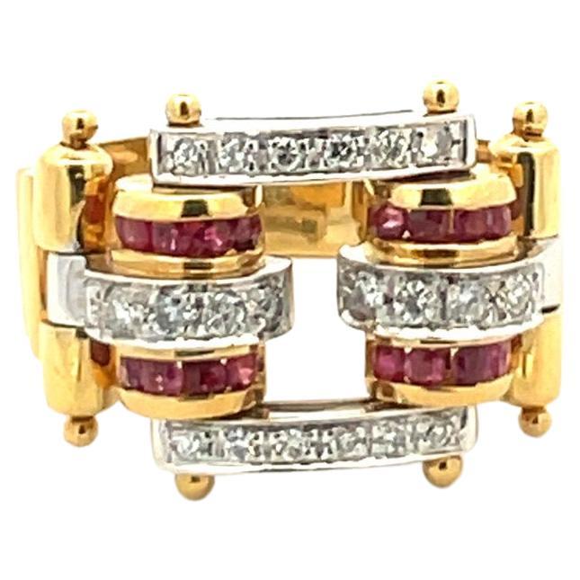 Natural Red Ruby & White Diamond  Scroll Ring in 18Kt yellow Gold  For Sale