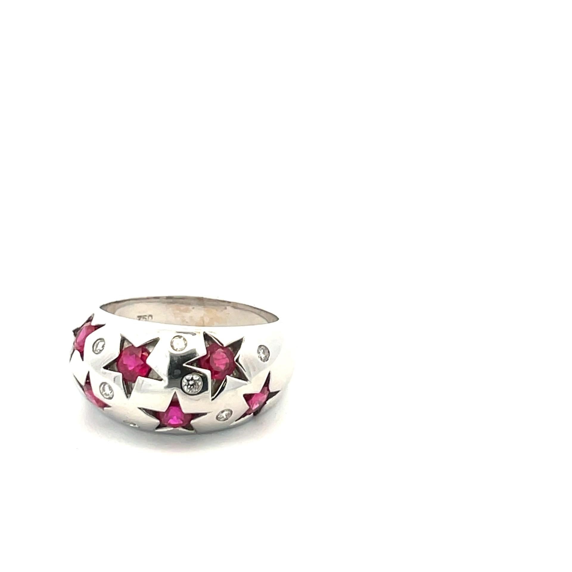 Contemporary Natural Red Ruby & White Diamond Star Ring in 18 Karat White Gold For Sale