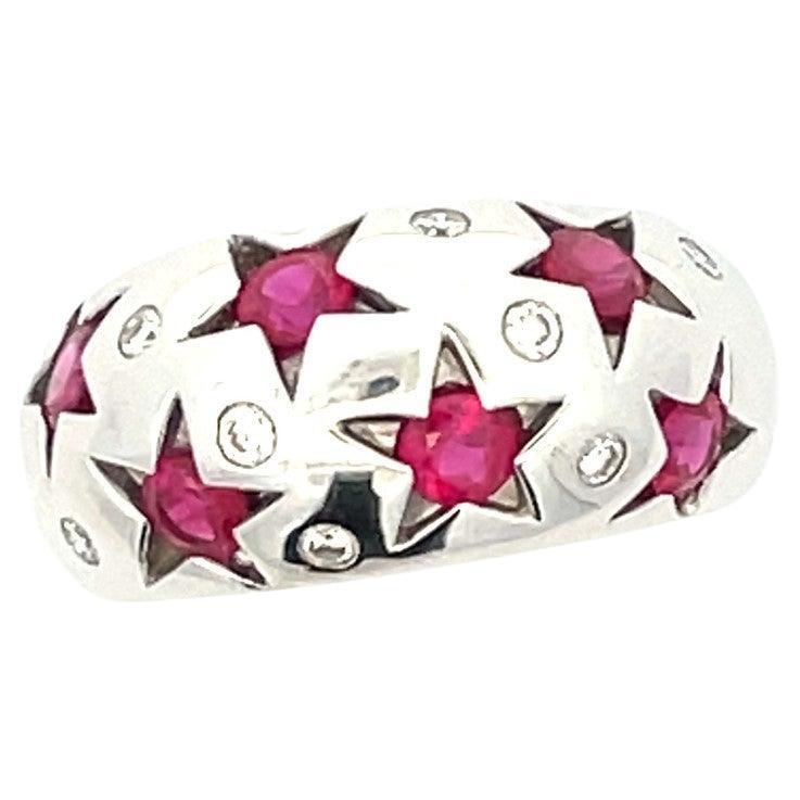 Natural Red Ruby & White Diamond Star Ring in 18 Karat White Gold For Sale