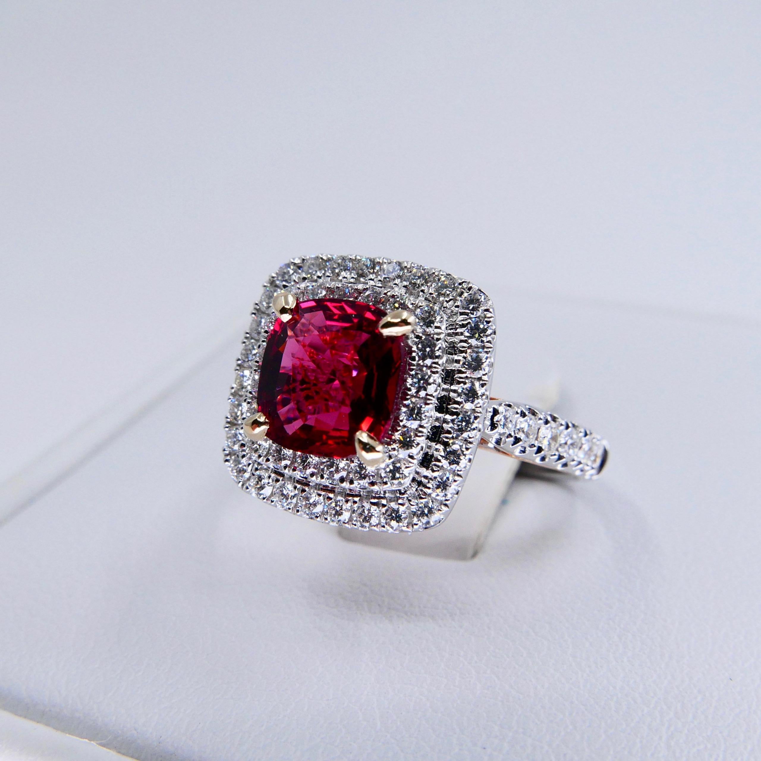 Cushion Cut Natural Red Spinel 1.51 Carat and Diamond Ring 18K Two-Tone White and Rose Gold
