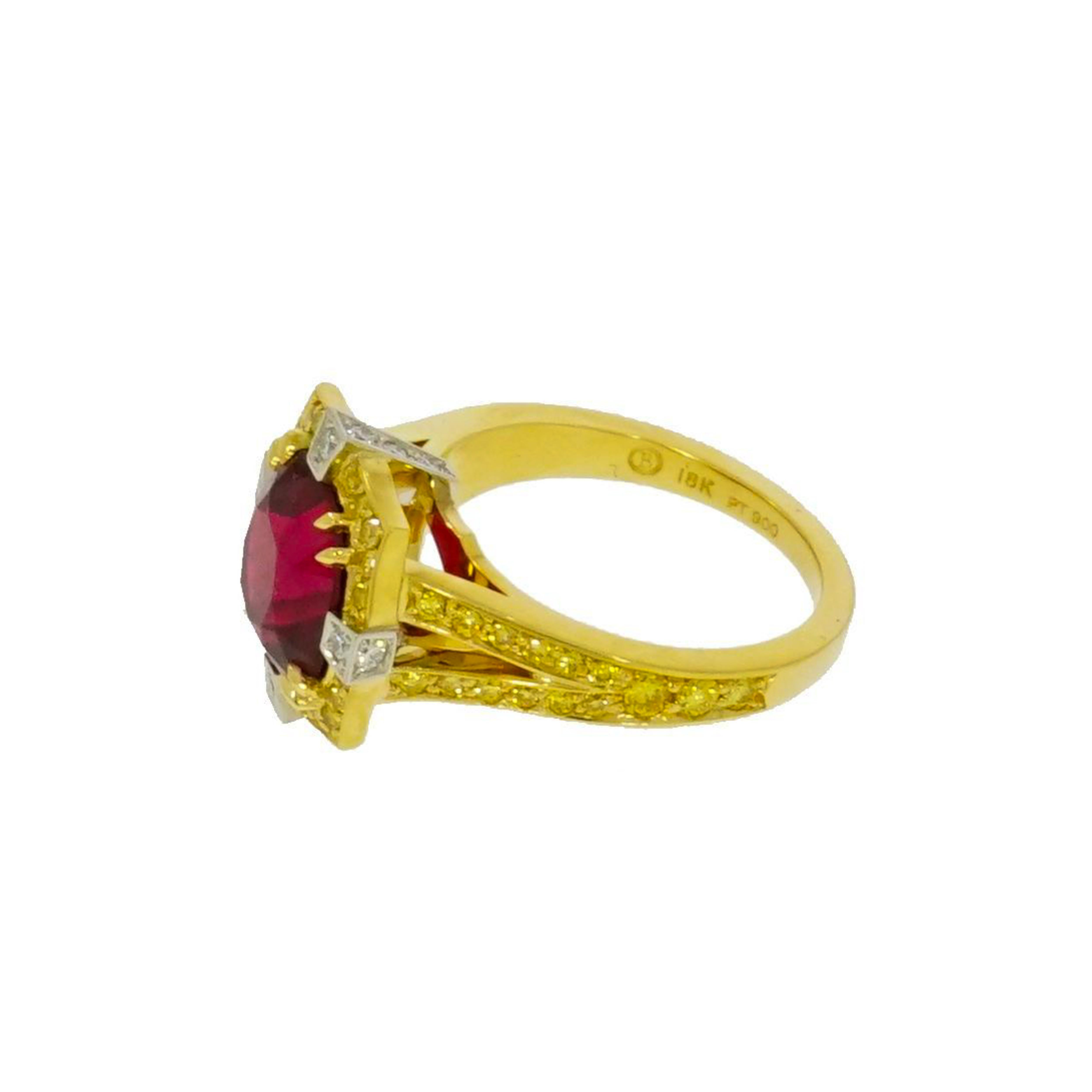 Contemporary Natural Red Spinel, Diamond and Diamond Yellow Gold Ring