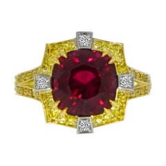 Natural Red Spinel, Diamond and Diamond Yellow Gold Ring