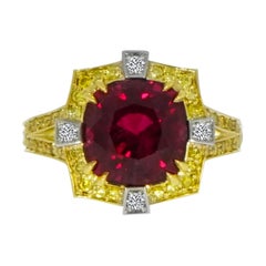 Natural Red Spinel, Diamond and Diamond Yellow Gold Ring