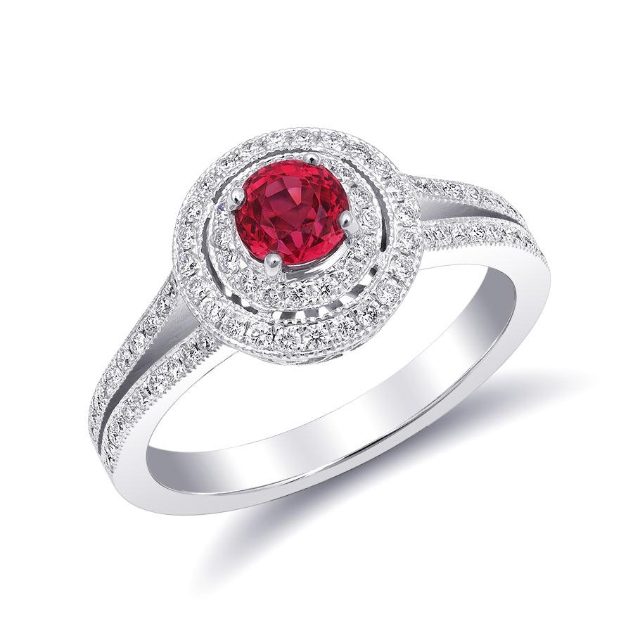 Experience the enchanting allure of natural red spinel with this exquisite 14K white gold ring. Complemented by sparkling diamonds, this piece exemplifies exceptional craftsmanship and showcases the vibrant beauty of these precious gemstones.