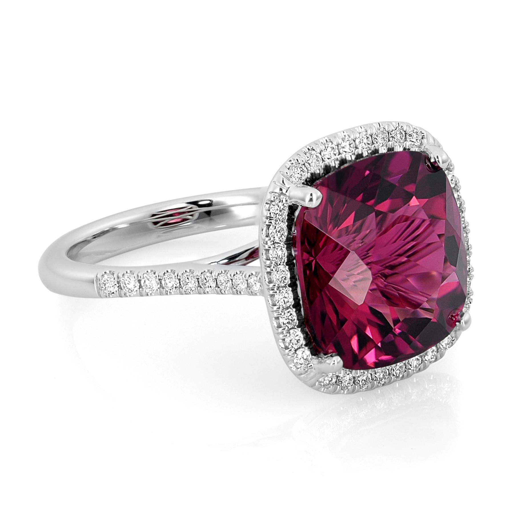 Mixed Cut Natural Red Tourmaline Gemstone 7.78 carats in 14K White Gold Ring with Diamonds For Sale