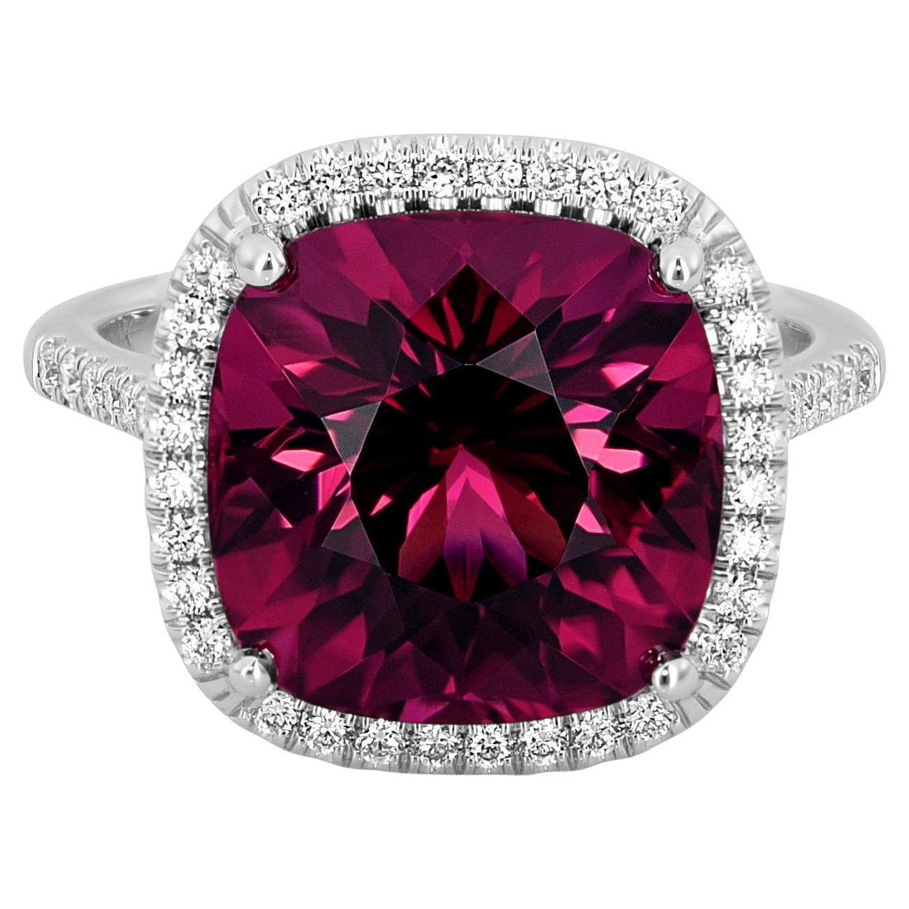 Natural Red Tourmaline Gemstone 7.78 carats in 14K White Gold Ring with Diamonds