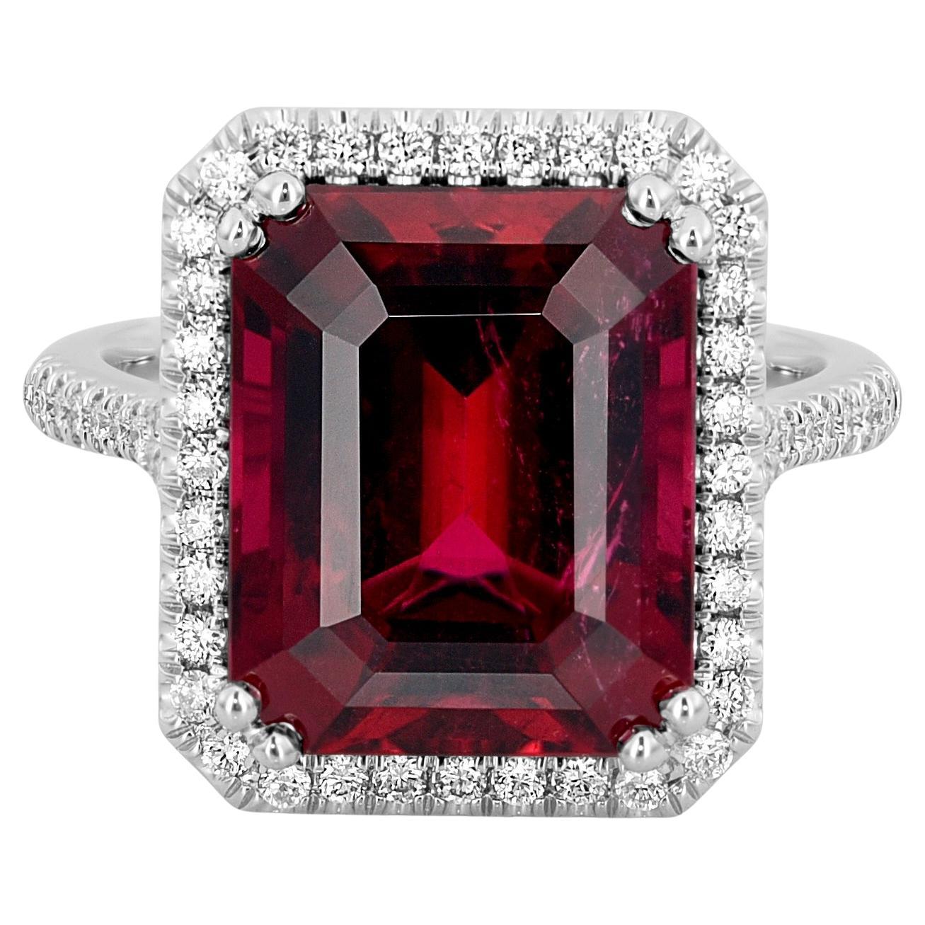 Natural Red Tourmaline Stone 8.12 carats set in 14K White Gold Ring with Diamond