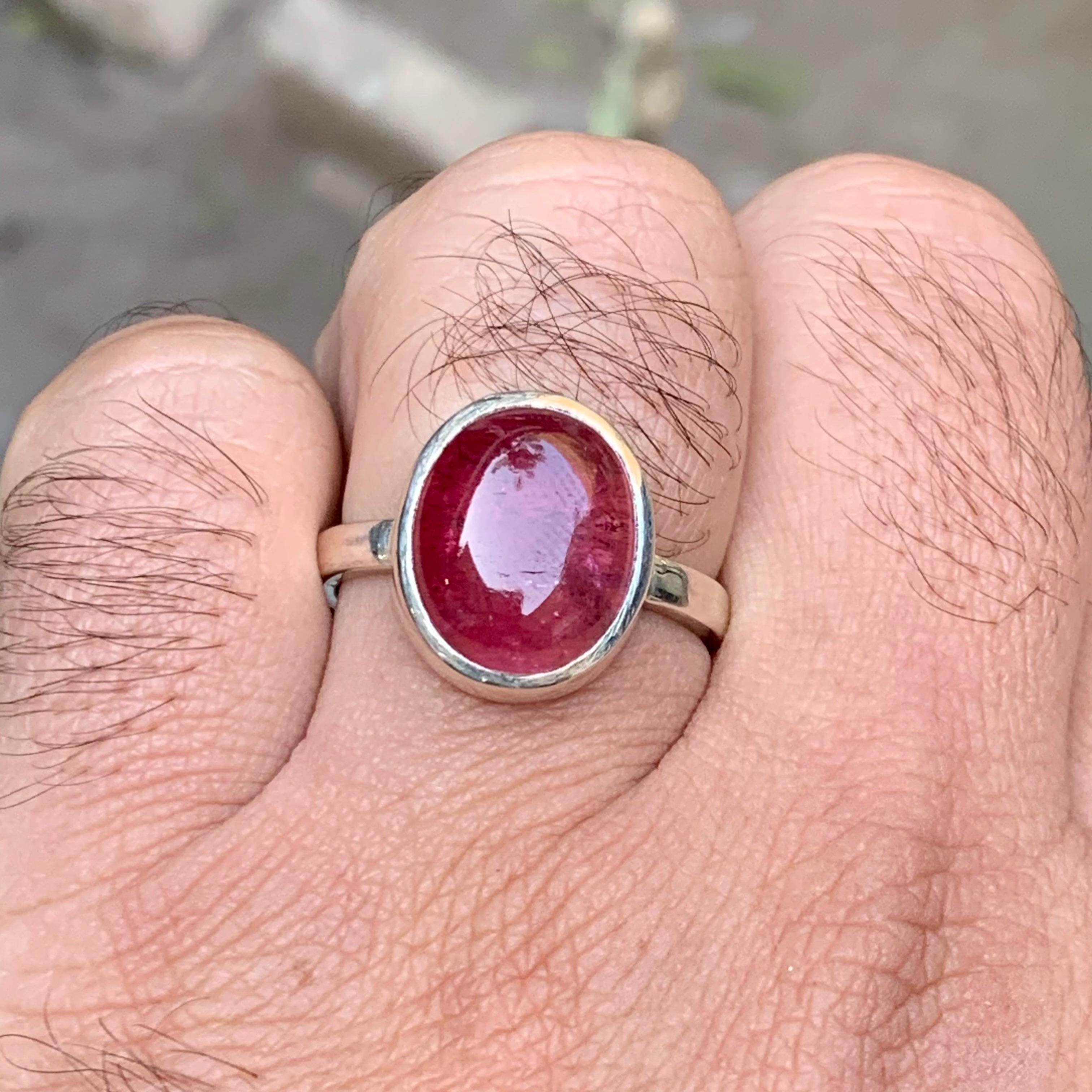 Natürlicher rötlich rosa Rubellit Turmalin Ring in 925 Sterling Silber Größe 10.5 (Cabochon) im Angebot