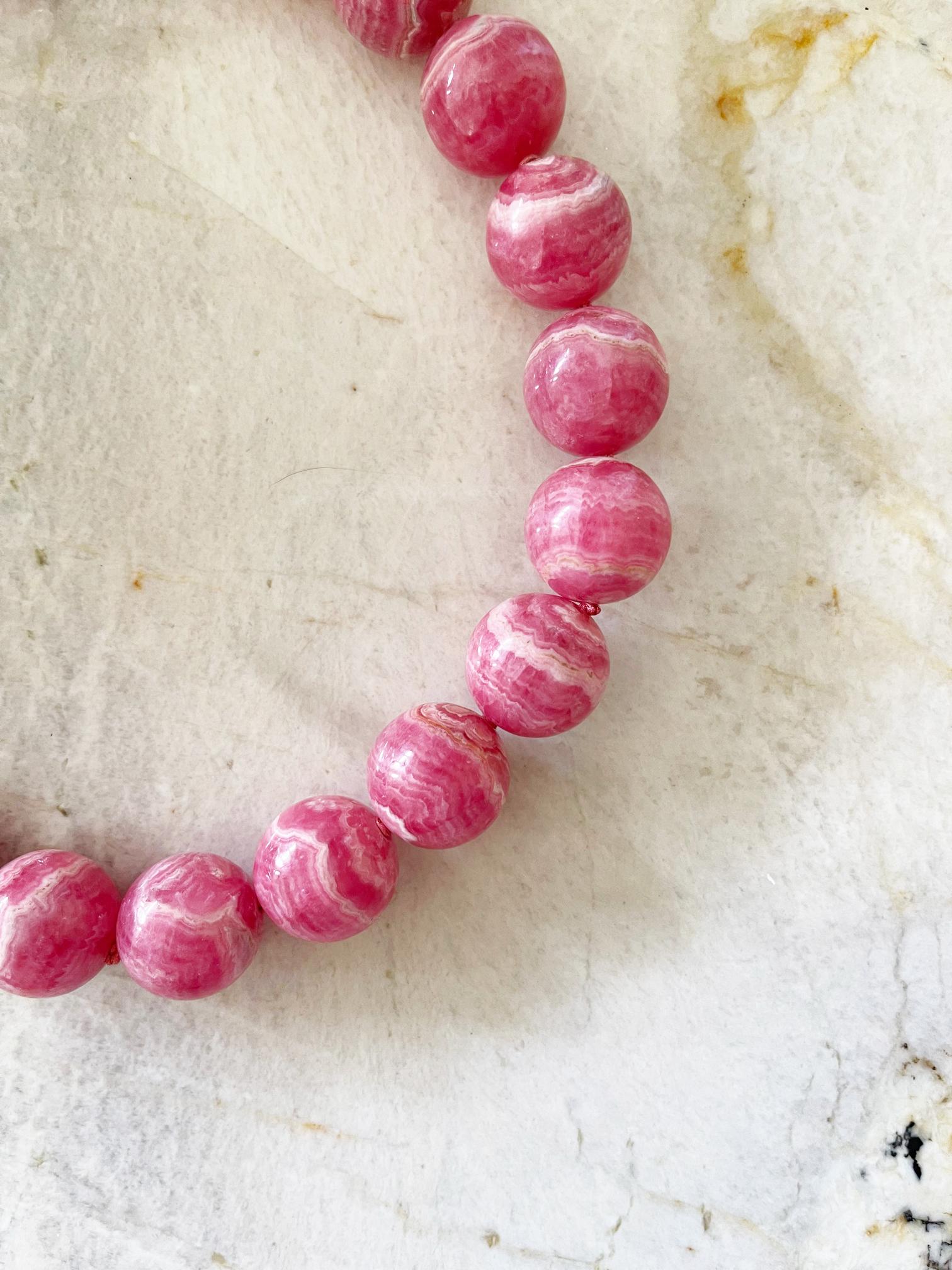 Round Cut Natural Rhodochrosite 20mm Round Beaded Necklace with Sterling Silver Clasp