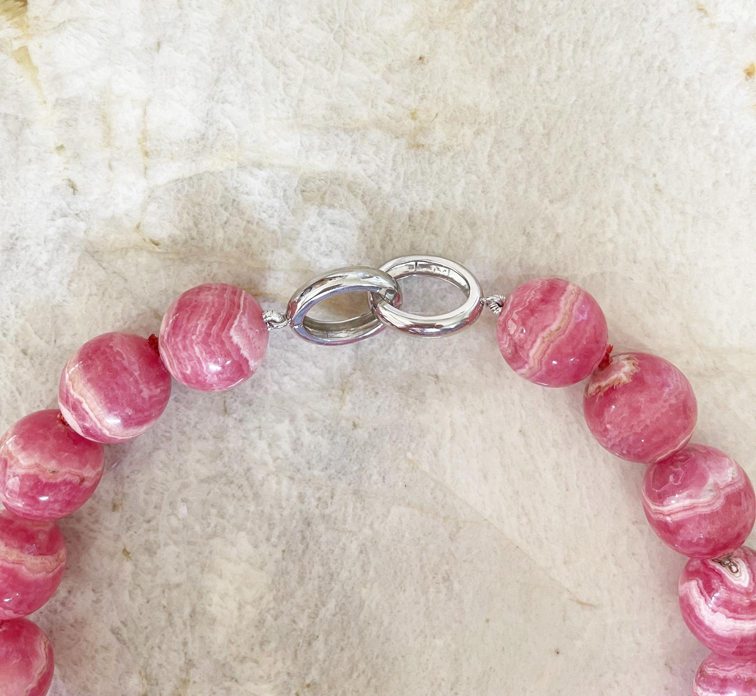 Natural Rhodochrosite 20mm Round Beaded Necklace with Sterling Silver Clasp In New Condition In Tucson, AZ