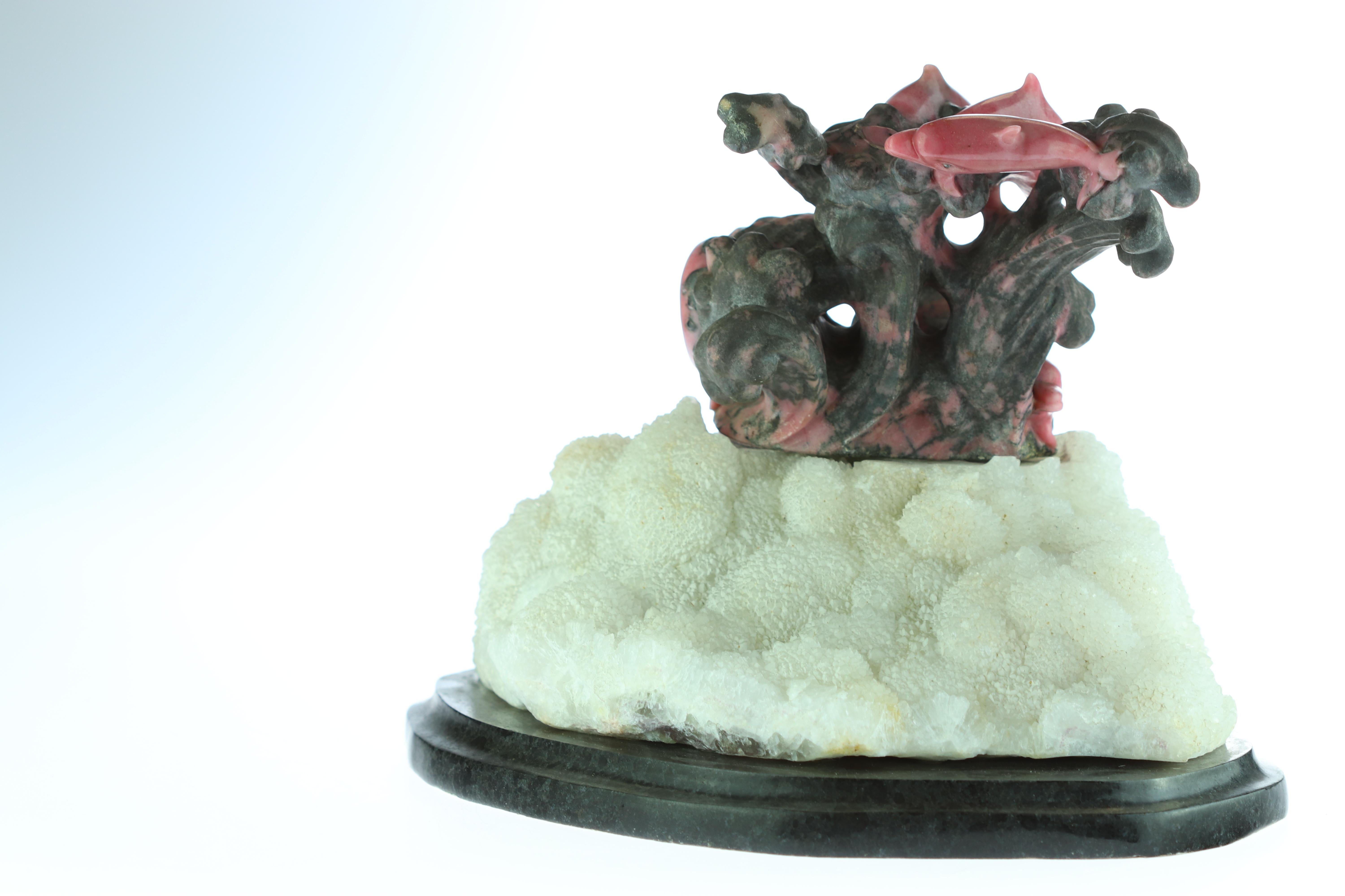 Chinese Export Natural Rhodochrosite Dolphins Figurine Carved Animal Artisanal Statue Sculpture For Sale