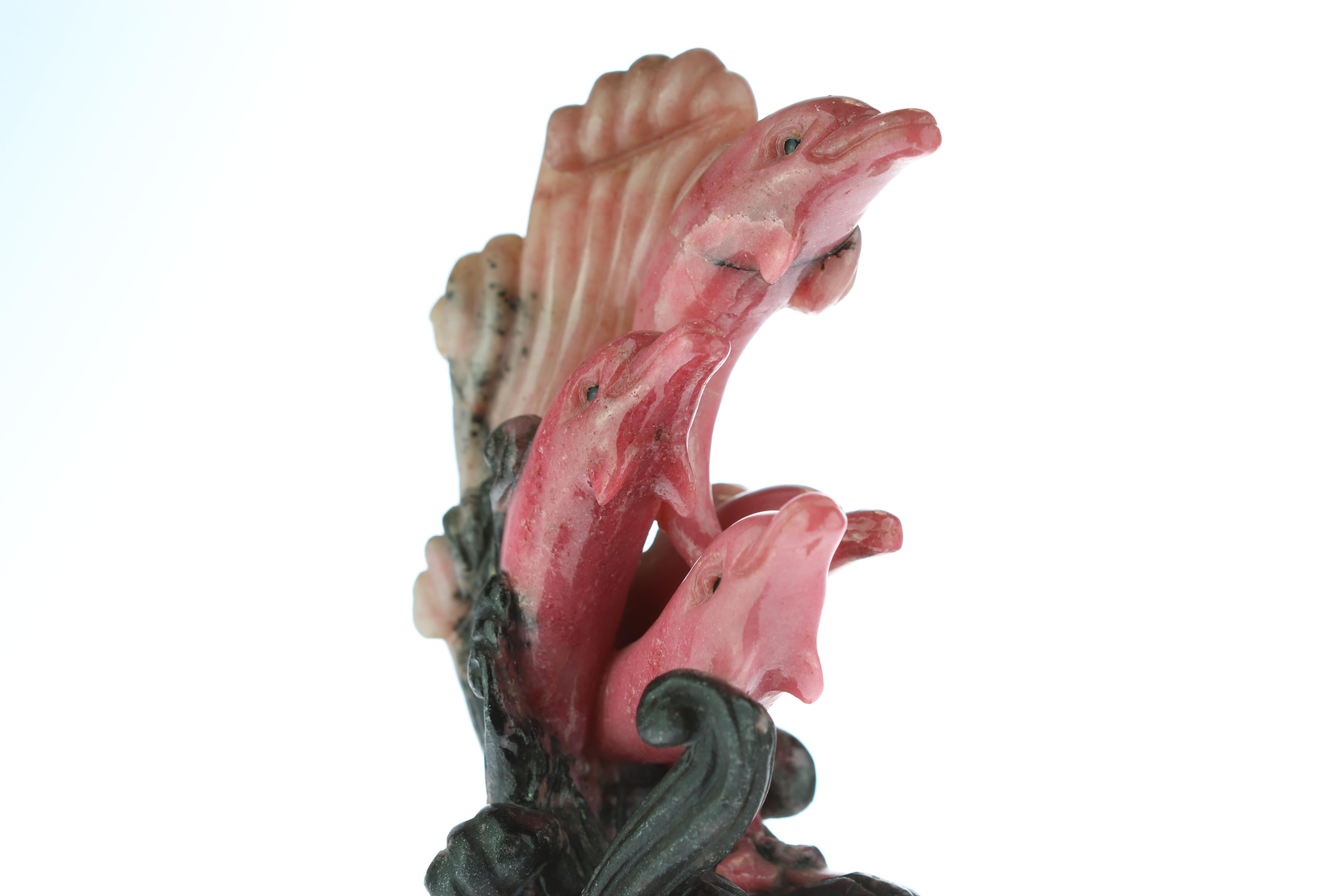 Chinese Export Natural Rhodochrosite Dolphins Figurine Carved Animal Artisanal Statue Sculpture For Sale