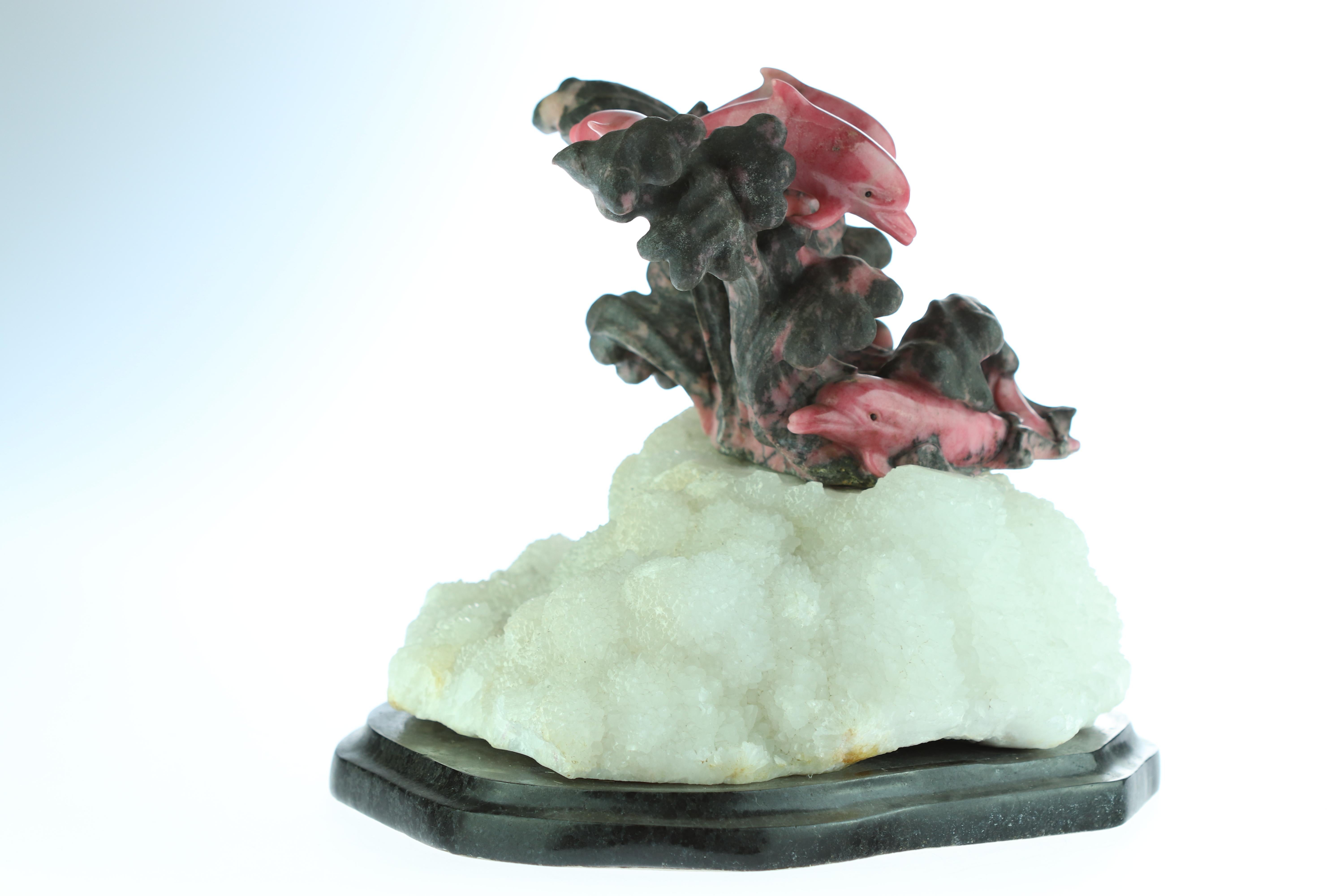 Hong Kong Natural Rhodochrosite Dolphins Figurine Carved Animal Artisanal Statue Sculpture For Sale