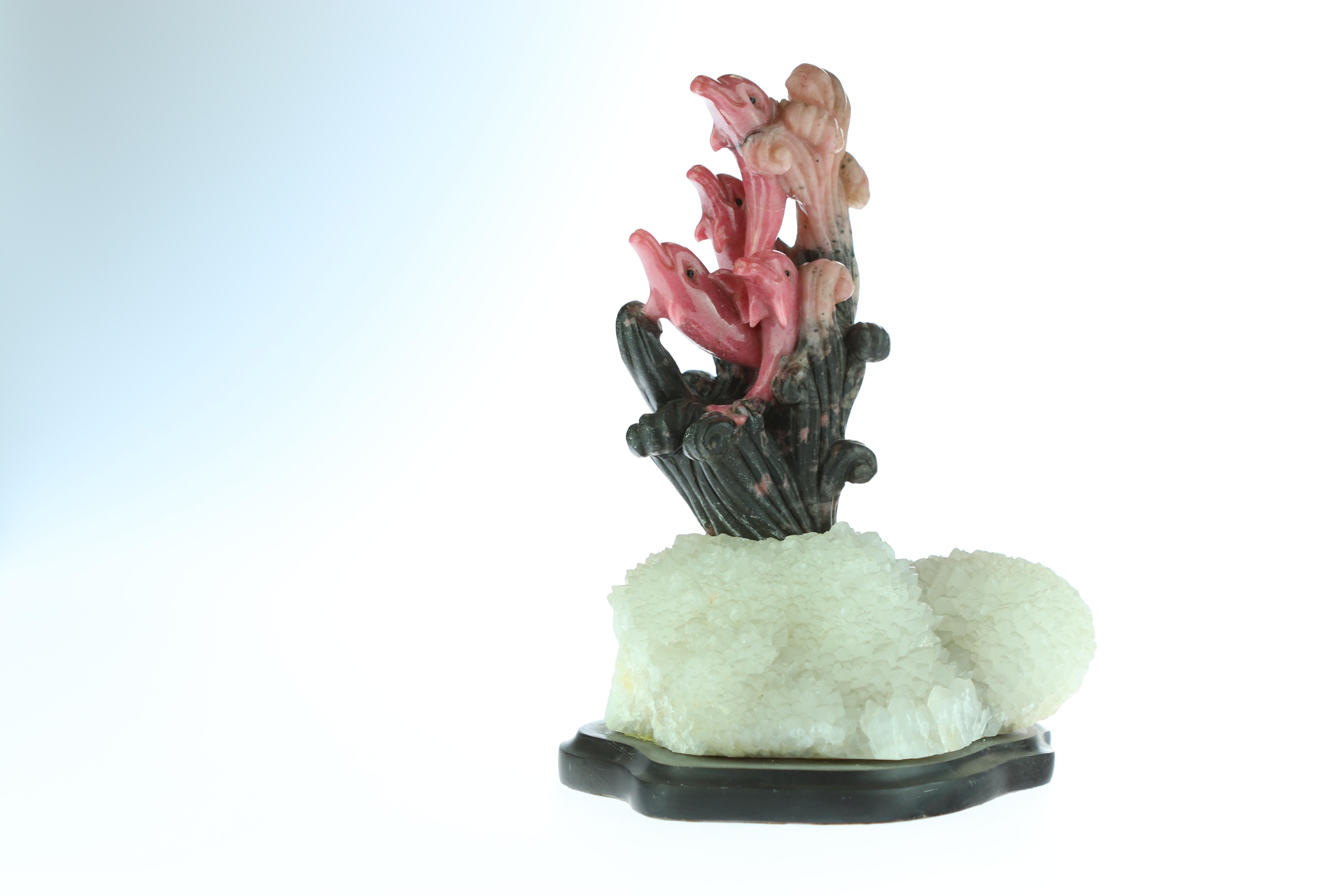 Hong Kong Natural Rhodochrosite Dolphins Figurine Carved Animal Artisanal Statue Sculpture For Sale