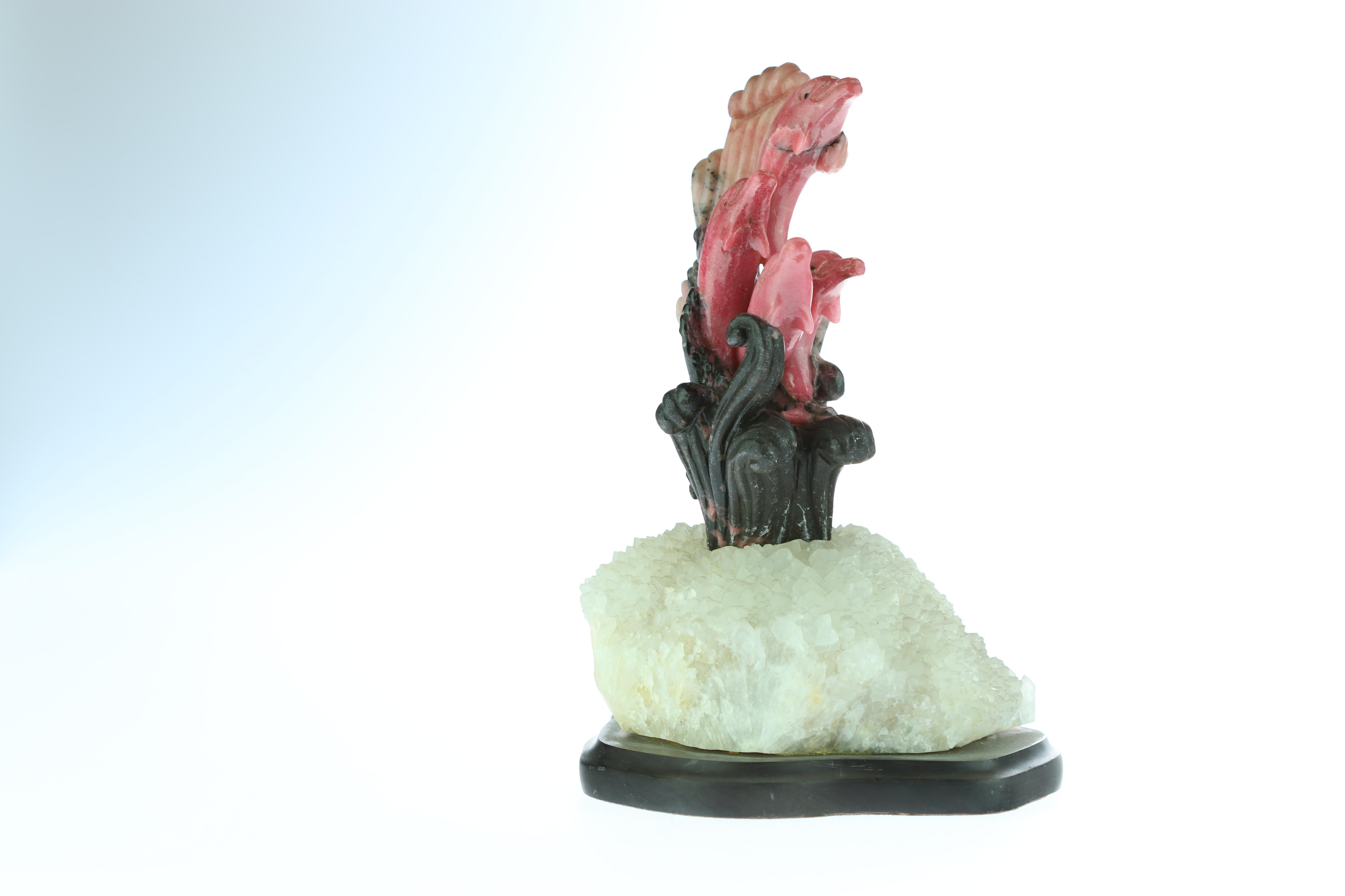 Hand-Carved Natural Rhodochrosite Dolphins Figurine Carved Animal Artisanal Statue Sculpture For Sale