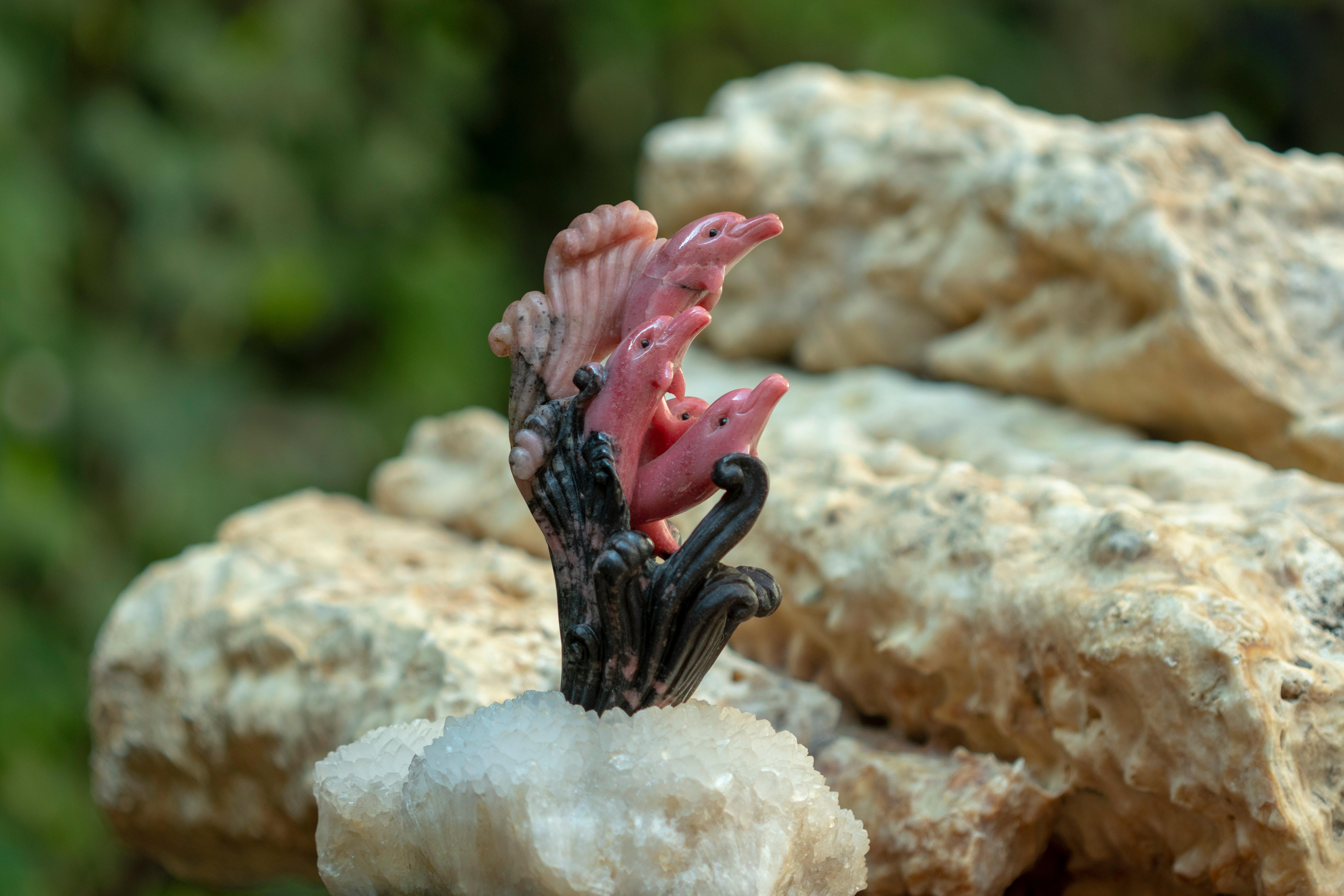 Late 20th Century Natural Rhodochrosite Dolphins Figurine Carved Animal Artisanal Statue Sculpture For Sale