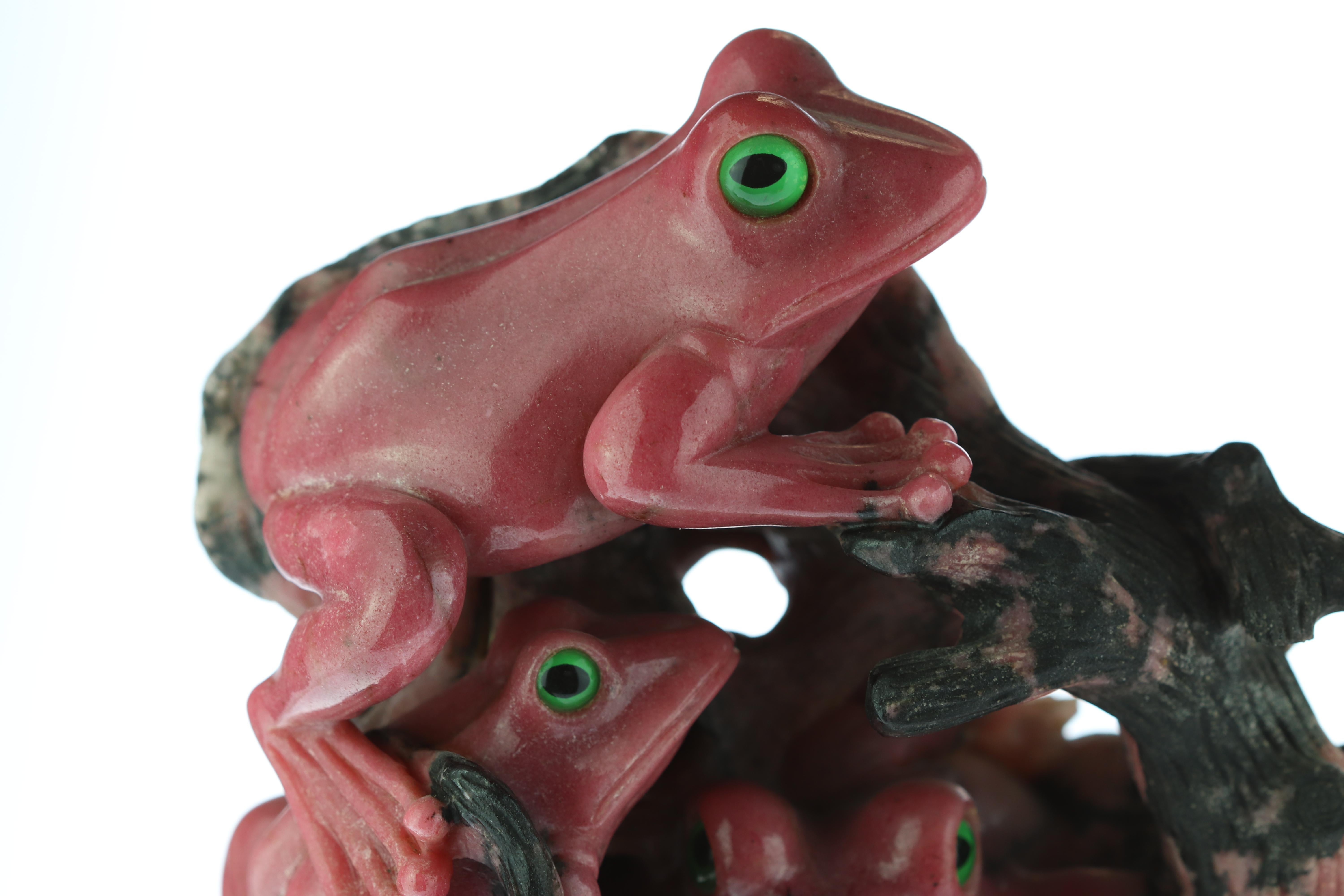 Chinese Export Natural Rhodochrosite Frogs Figurine Carved Animal Artisanal Statue Sculpture For Sale