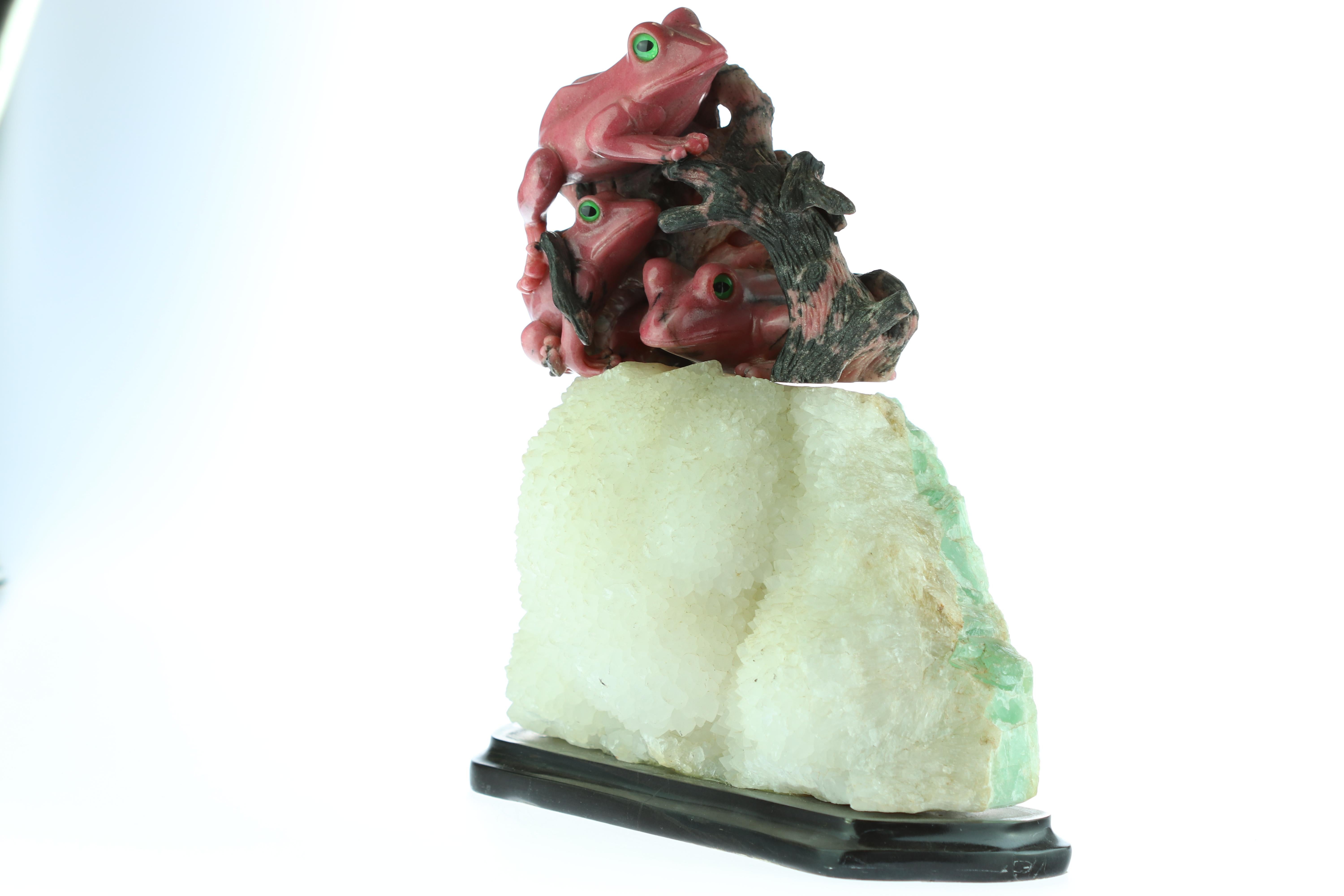 Hand-Carved Natural Rhodochrosite Frogs Figurine Carved Animal Artisanal Statue Sculpture For Sale