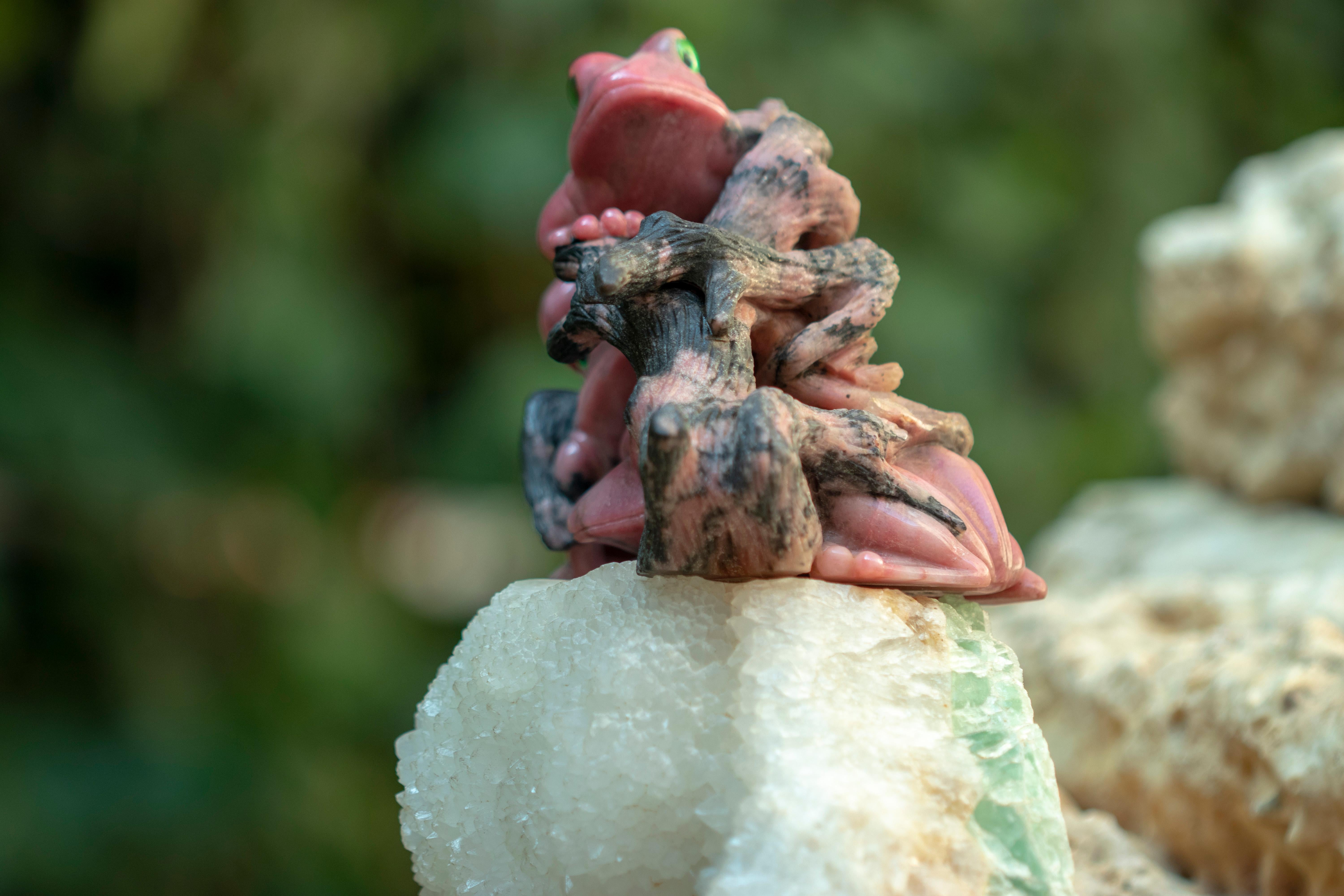 Late 20th Century Natural Rhodochrosite Frogs Figurine Carved Animal Artisanal Statue Sculpture For Sale