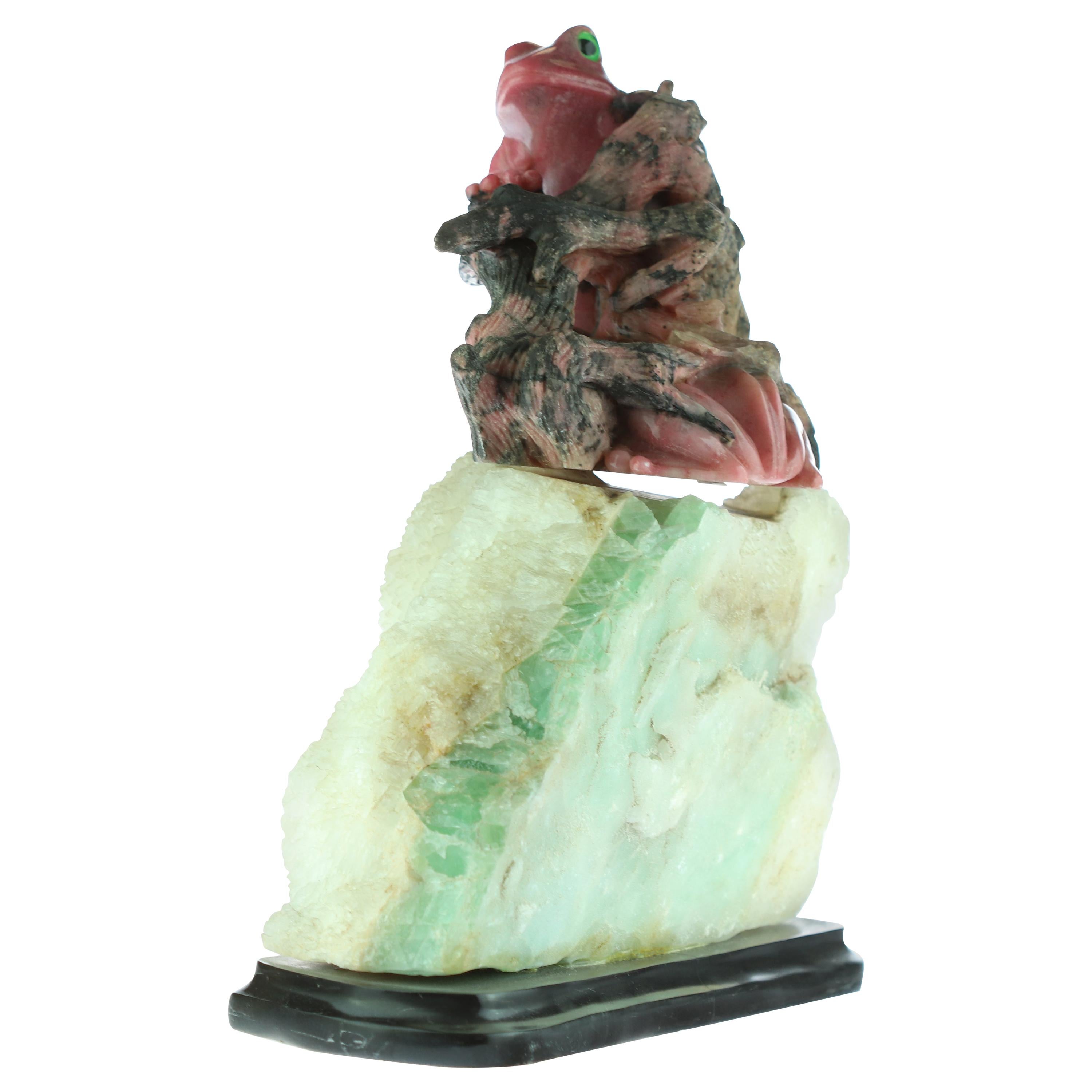 Natural Rhodochrosite Frogs Figurine Carved Animal Artisanal Statue Sculpture For Sale
