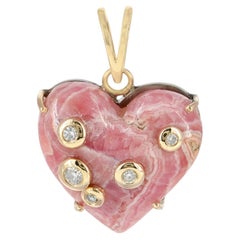 Charme en or jaune massif 14 carats avec diamant et breloque en forme de cœur en rhodochrosite naturelle