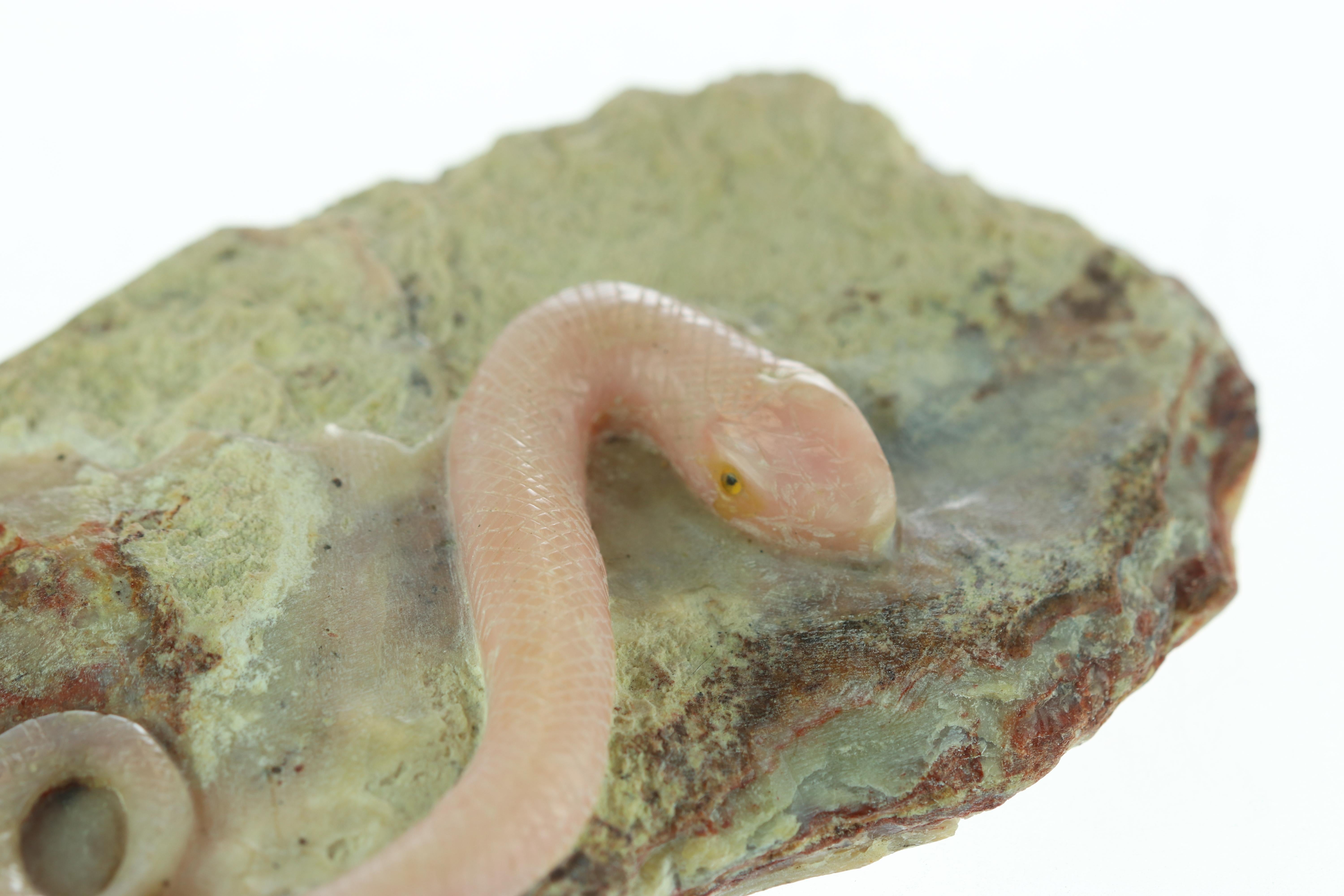Chinese Export Natural Rhodochrosite Pink Snake Carved Animal Artisanal Chinese Sculpture For Sale