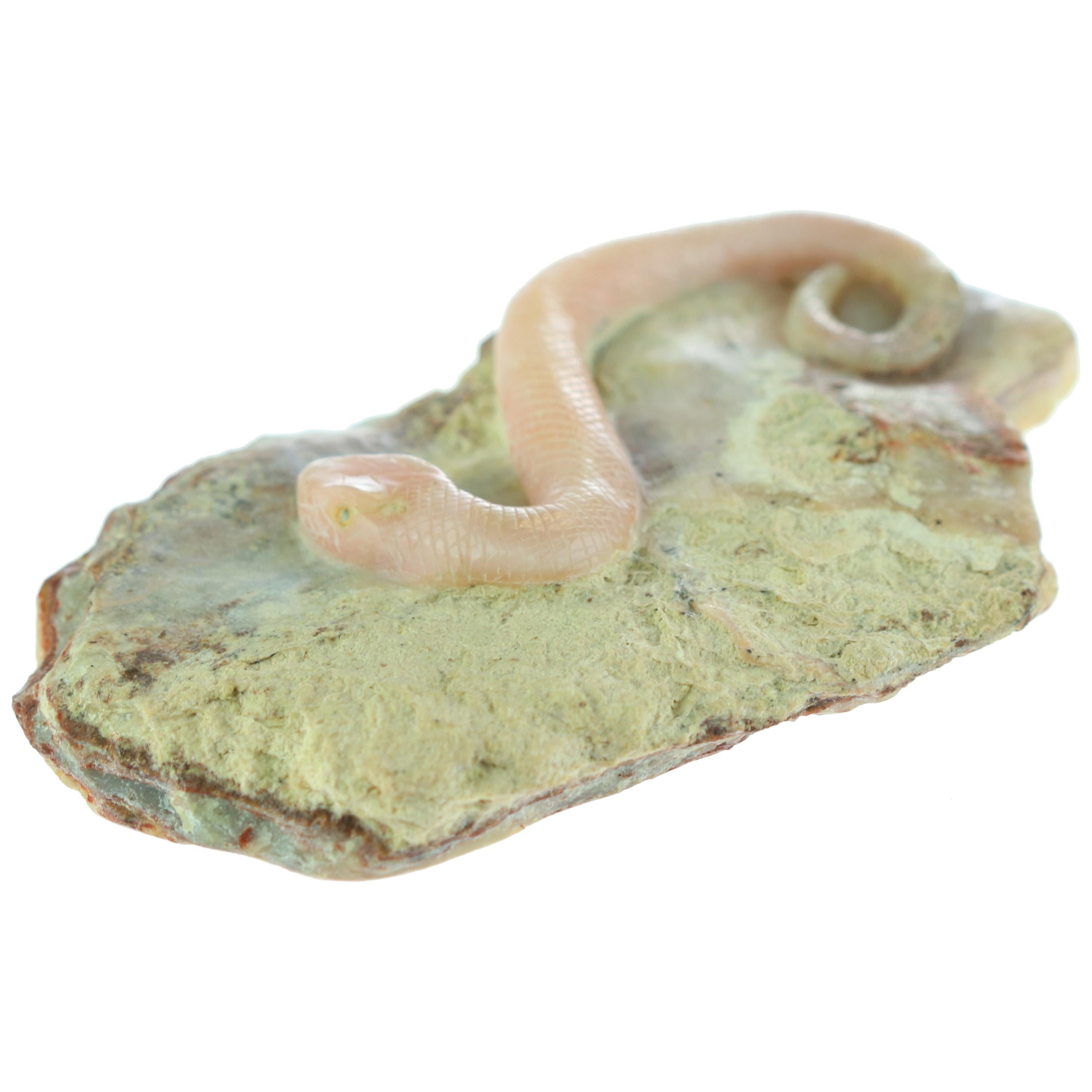 Natural Rhodochrosite Pink Snake Carved Animal Artisanal Chinese Sculpture For Sale