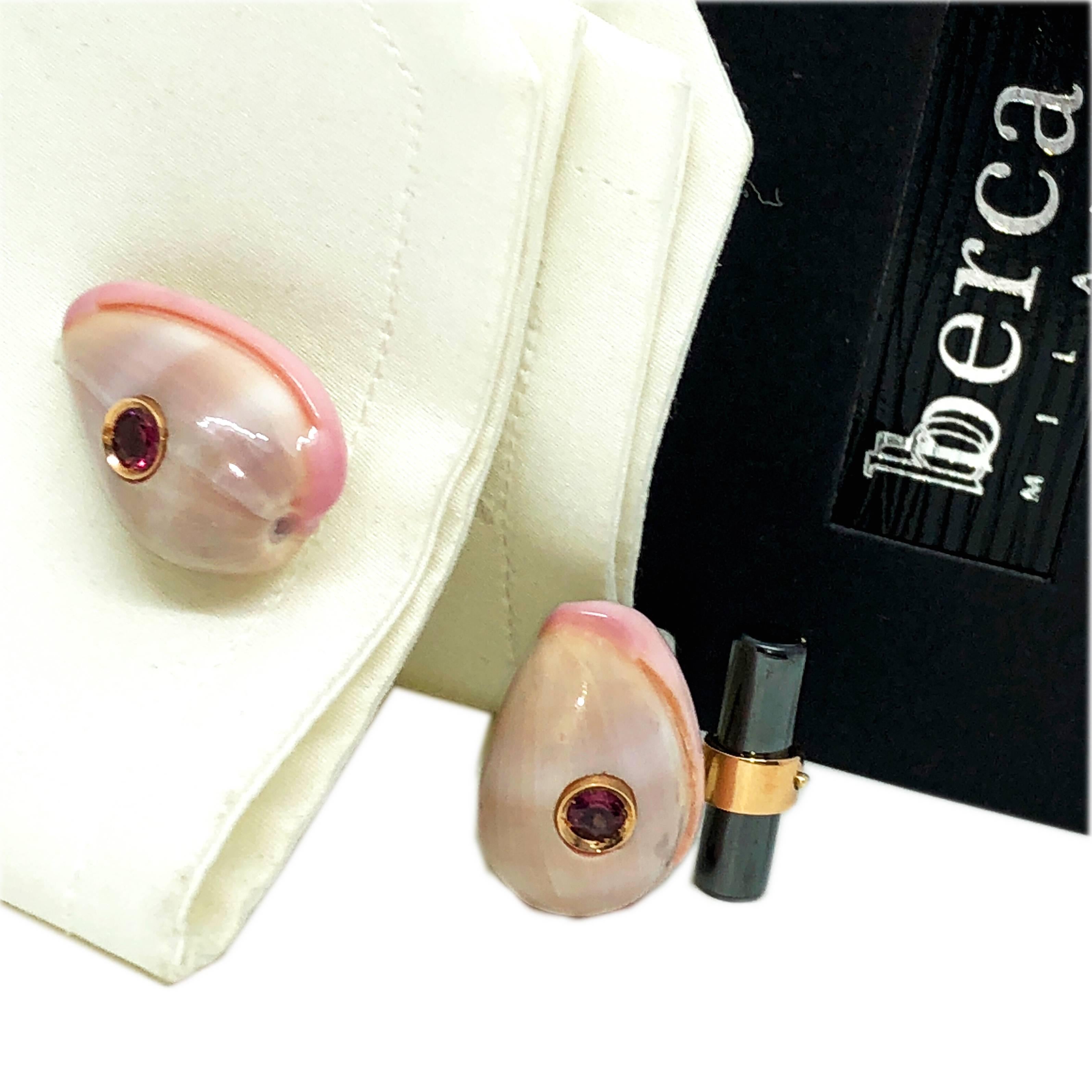 Berca Rhodolite Seashell Shaped Hematite Baton Back 18K Gold Cufflinks For Sale 8