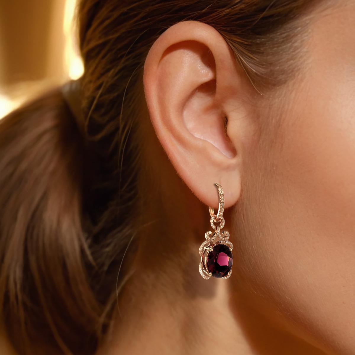 Women's  Natural Rhodolite Garnet 10.27 Carat in Rose Gold Earrings with Diamonds For Sale