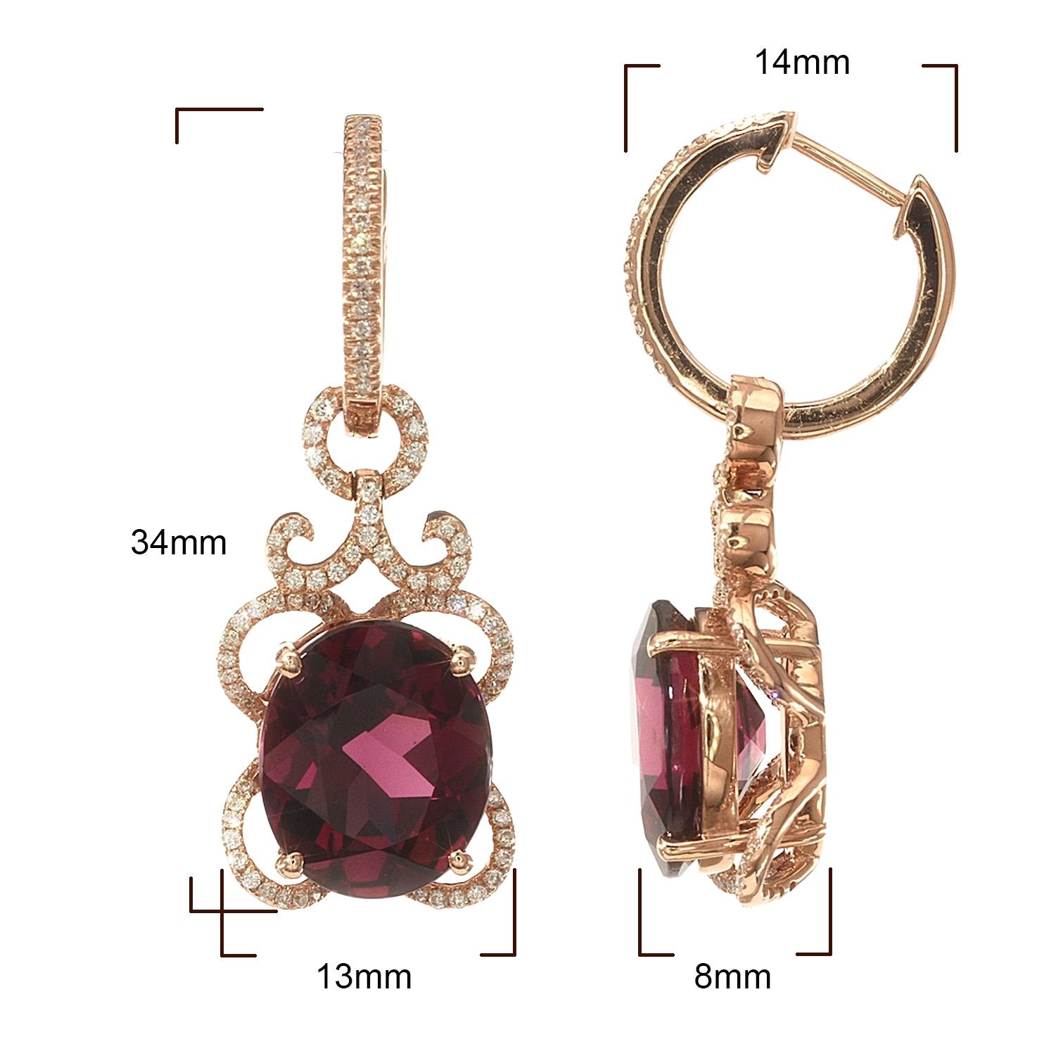  Natural Rhodolite Garnet 10.27 Carat in Rose Gold Earrings with Diamonds For Sale 1