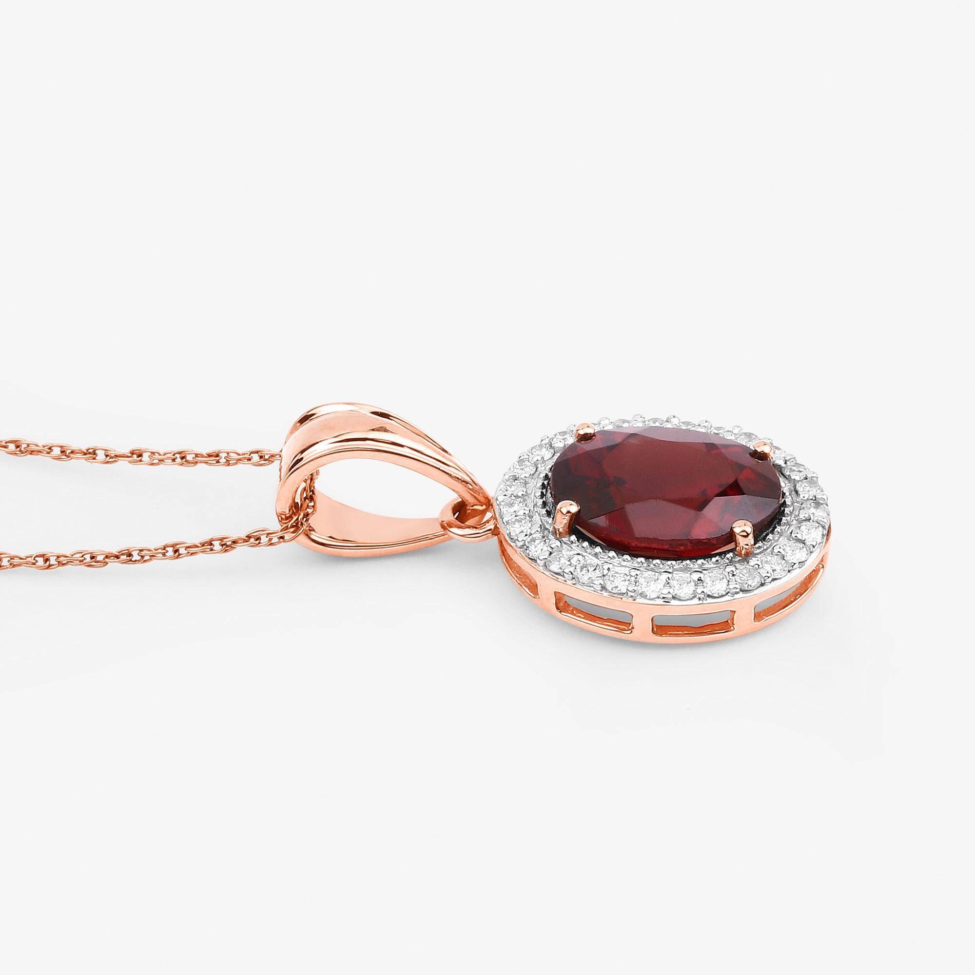 Contemporary Natural Rhodolite Garnet and Diamond Halo Pendant 3 Carats 14k Rose Gold For Sale