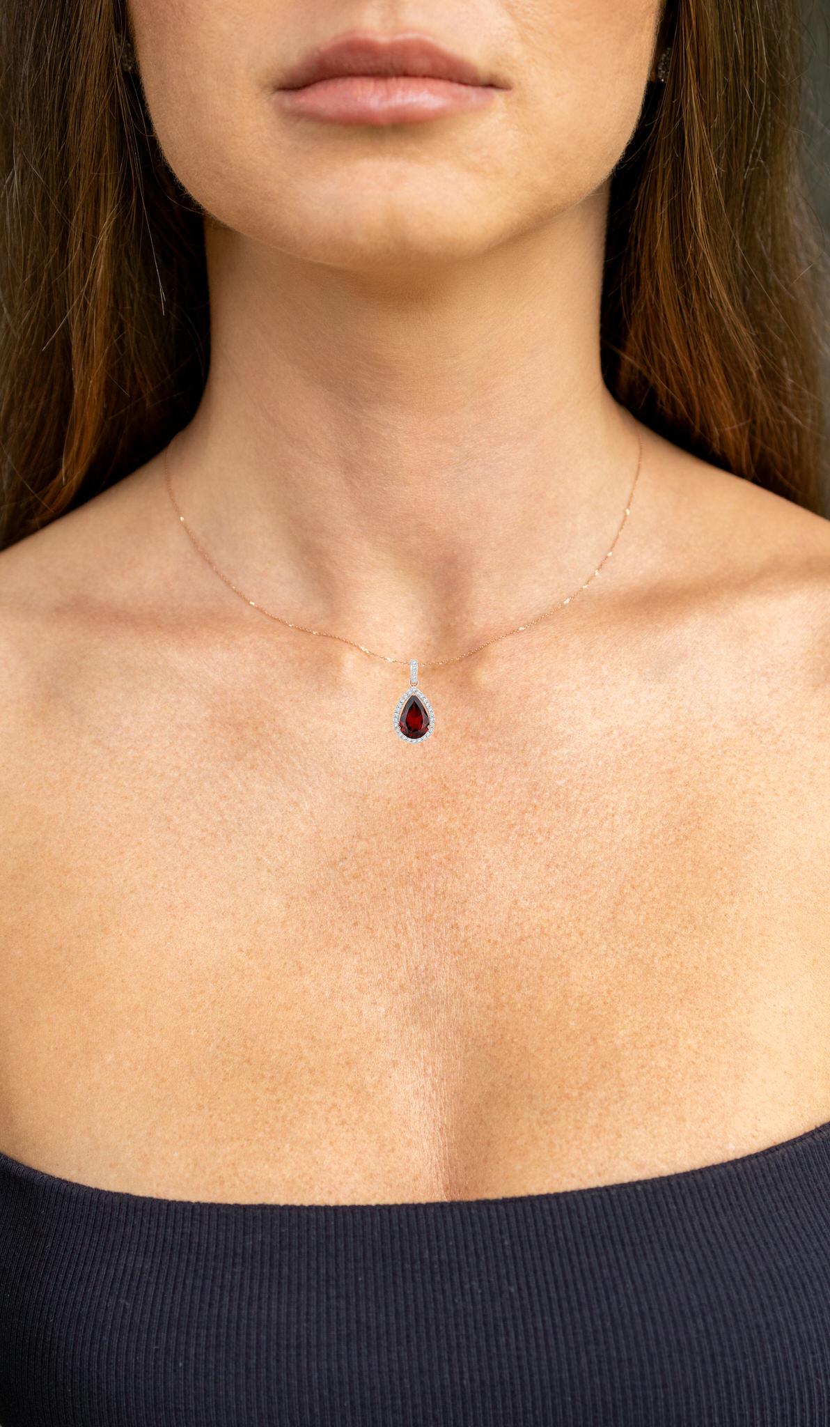 Pear Cut Natural Rhodolite Garnet and Diamond Halo Pendant 3.30 Carats 14k Rose Gold For Sale