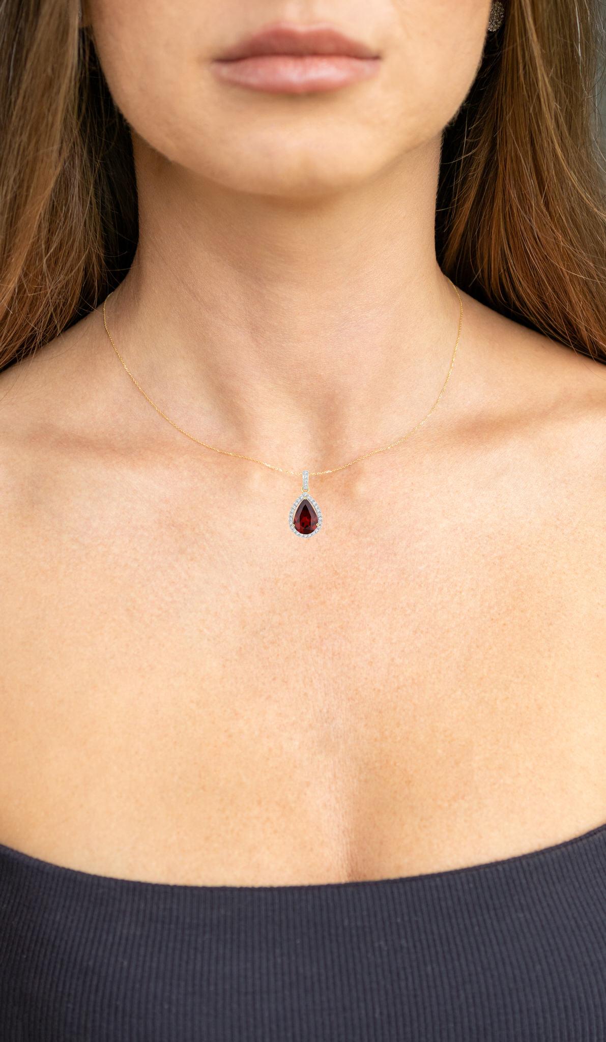 Pear Cut Natural Rhodolite Garnet Pendant Diamond Setting 3.30 Carats 14K Yellow Gold For Sale