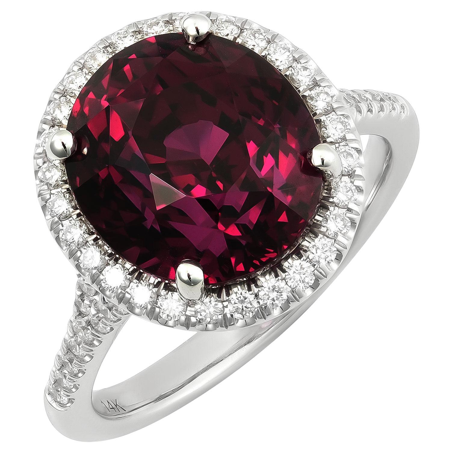 Natural Rhodolite Garnet Stone 8.86 carats in 14K White Gold Ring with Diamonds