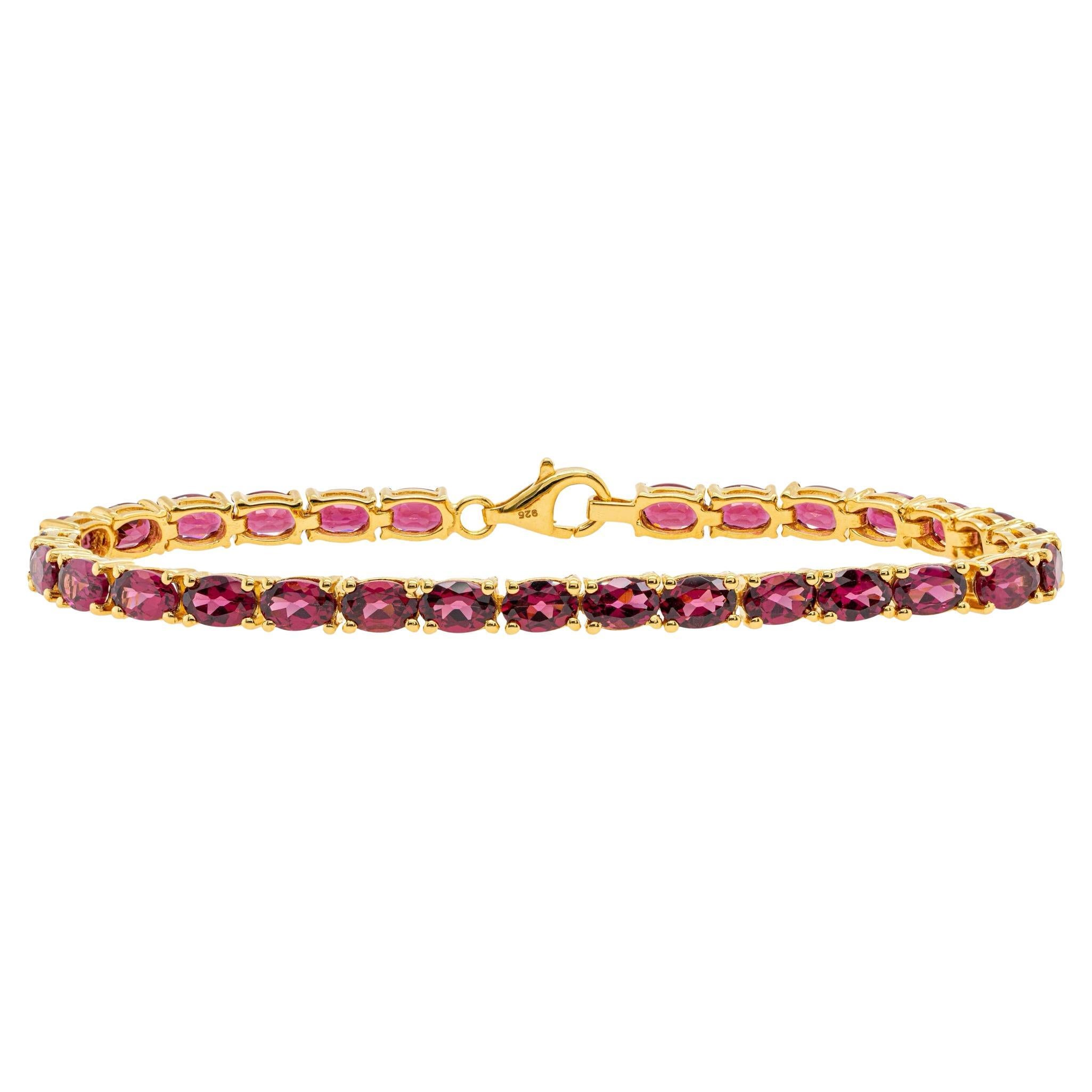 Bracelet tennis en rhodolite naturelle 15 carats plaqué argent jaune 24 carats