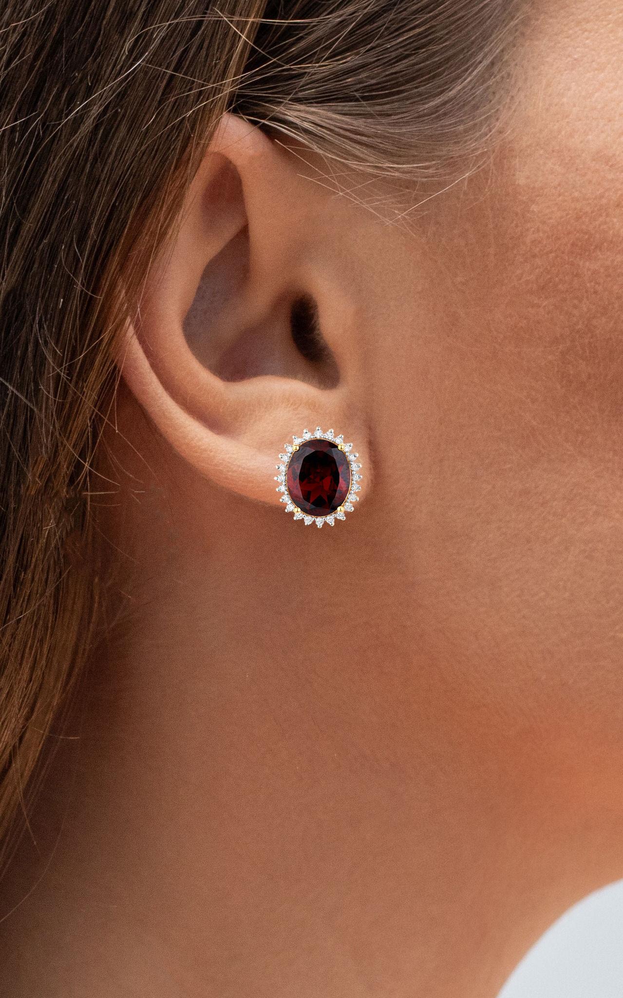 Contemporary Natural Rhodolite Stud Earrings Diamond Halo 8.28 Carats 14K Gold For Sale