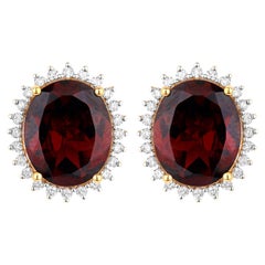 Natural Rhodolite Stud Earrings Diamond Halo 8.28 Carats 14K Gold