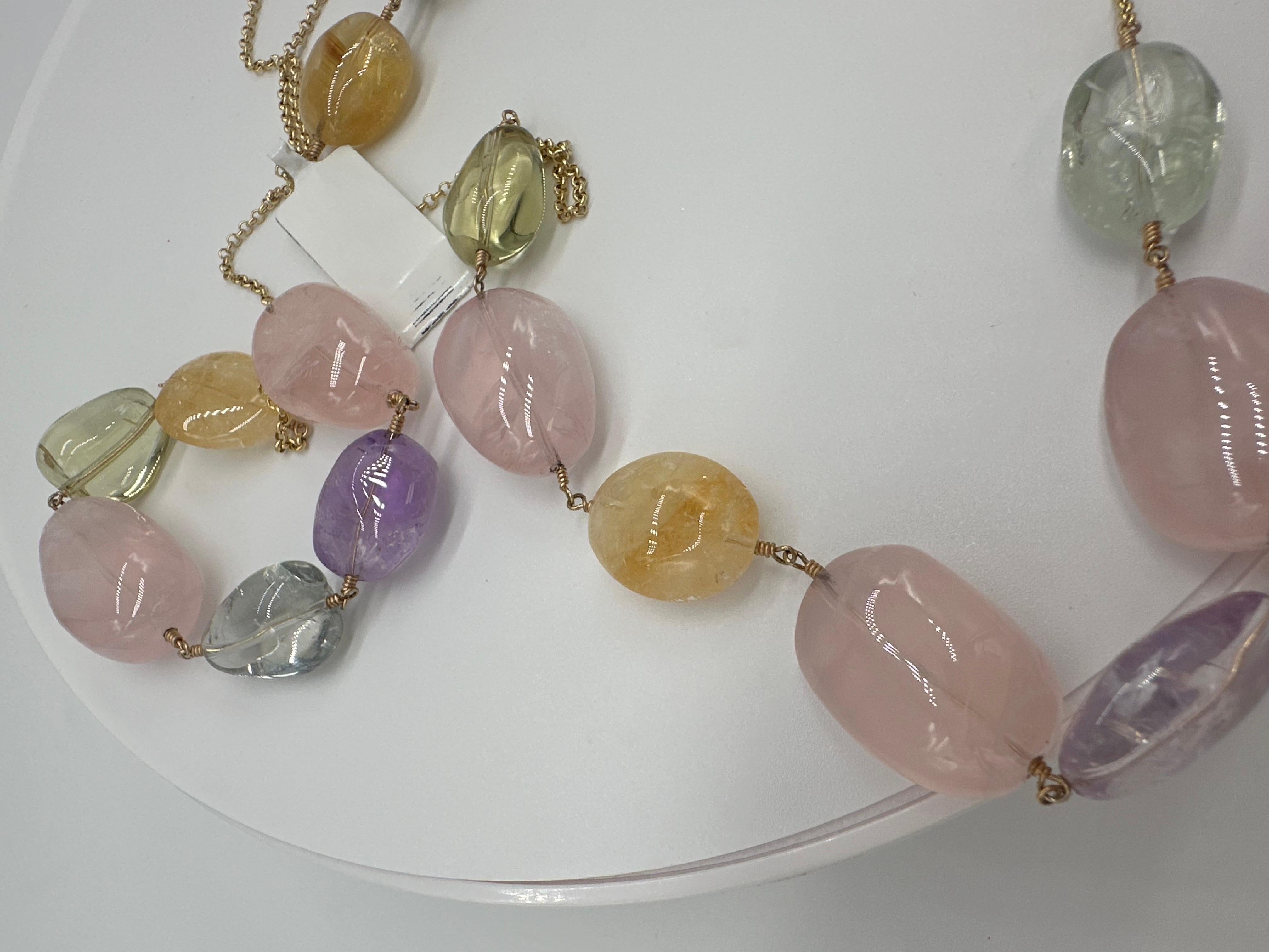 Natural River rocks long necklace 14KT gold In New Condition For Sale In Boca Raton, FL