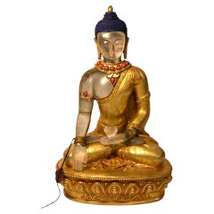 Natural Rock Crystal Buddha Gilt Bronze Statue Tibetan Nepal Authenticity Seal