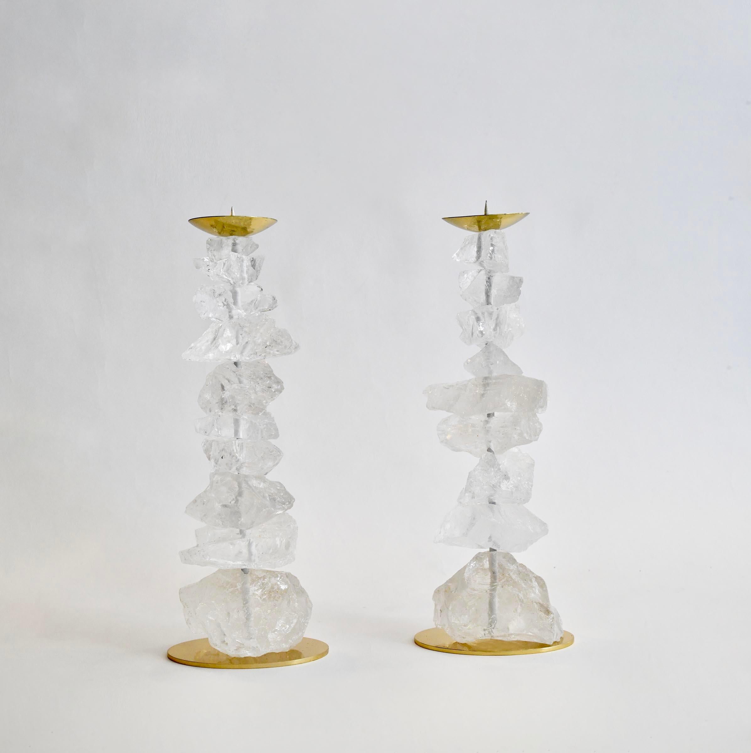 Pair of natural rock crystal candle holders with polish brass Stand. Created by Pheonix Gallery, NYC. 
Custom size and finish upon request. 



 