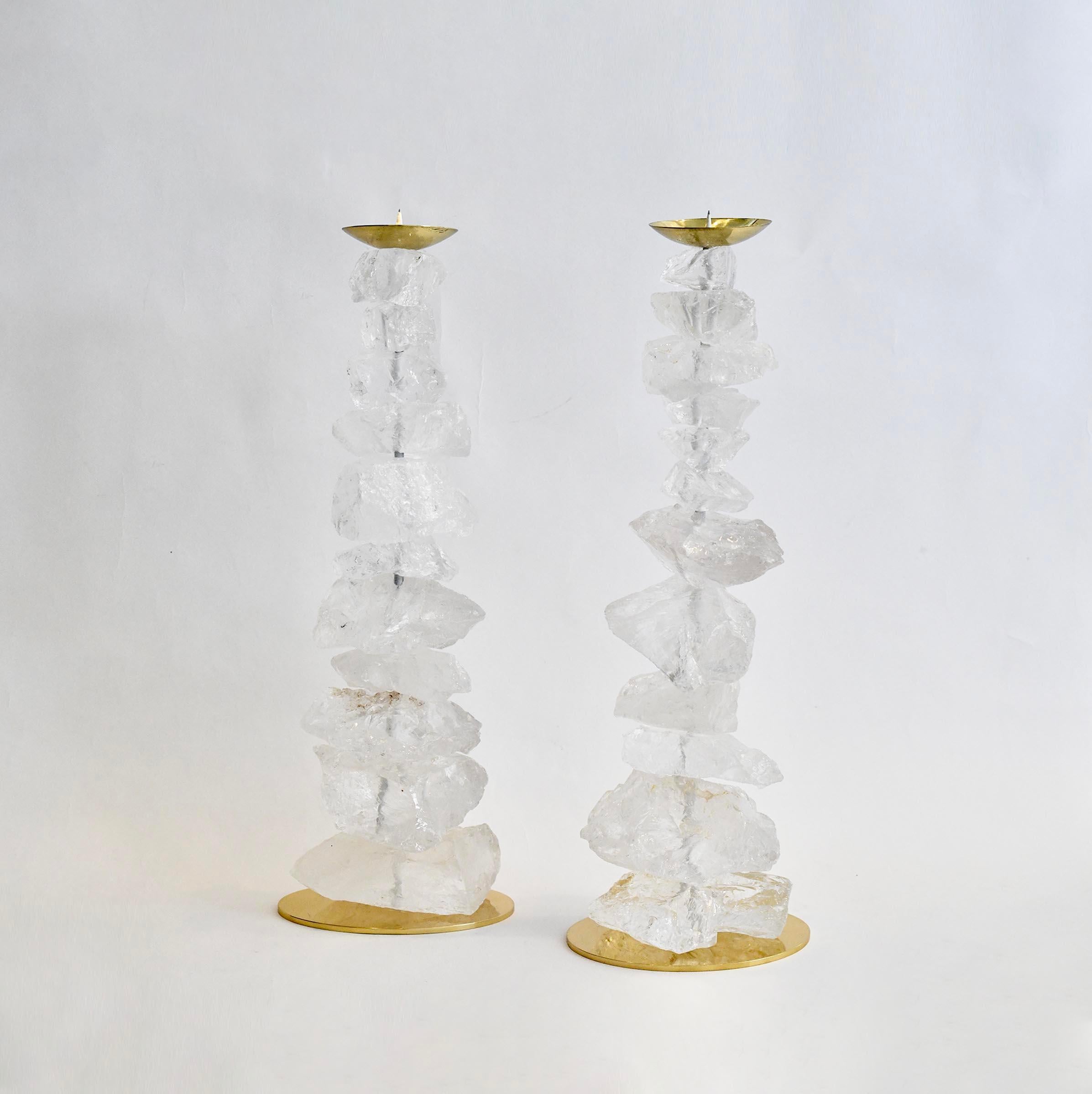 Pair of natural rock crystal candle holders with polish brass stands. Created by Pheonix Gallery, NYC.
Custom size and finish upon request.
  