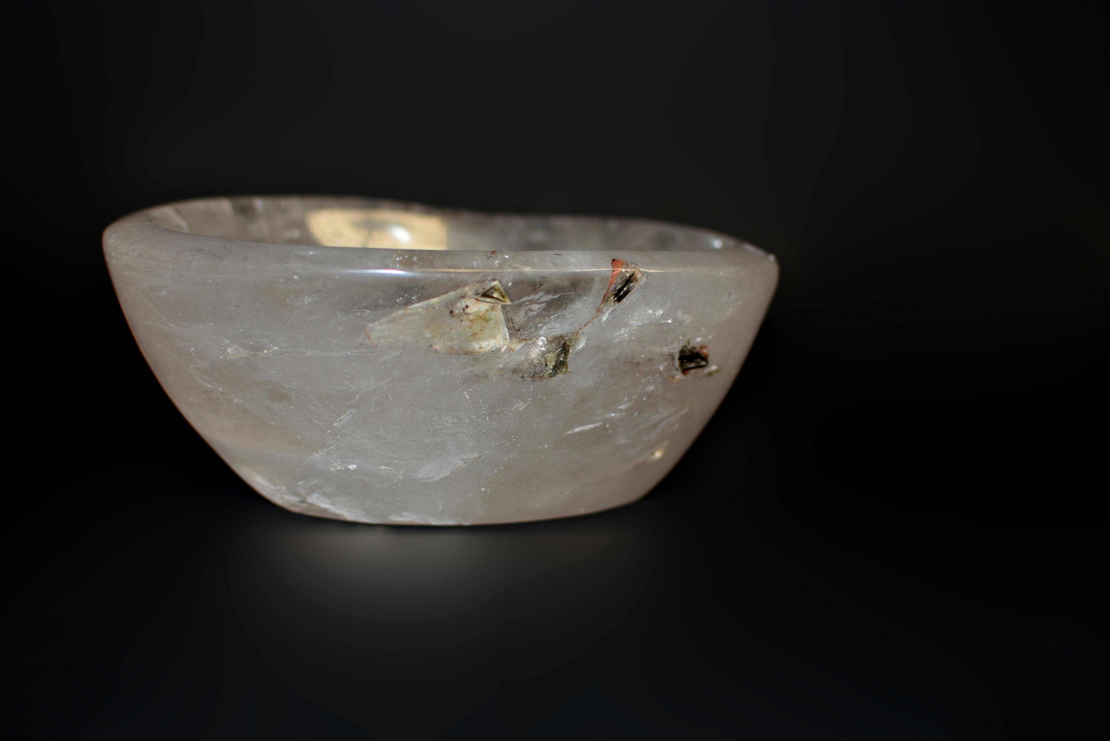 Hand-Carved Natural Rock Crystal Quartz Bowl with Red Gold Rutile For Sale