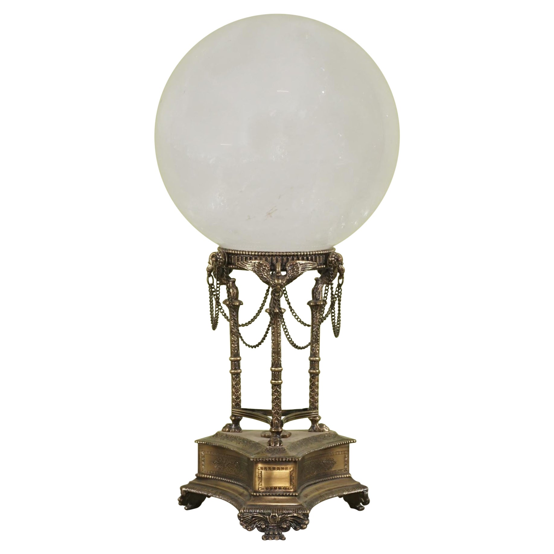 Natural Rock Crystal Sphere on a Neoclassical Polished and Patinated Bronze Base